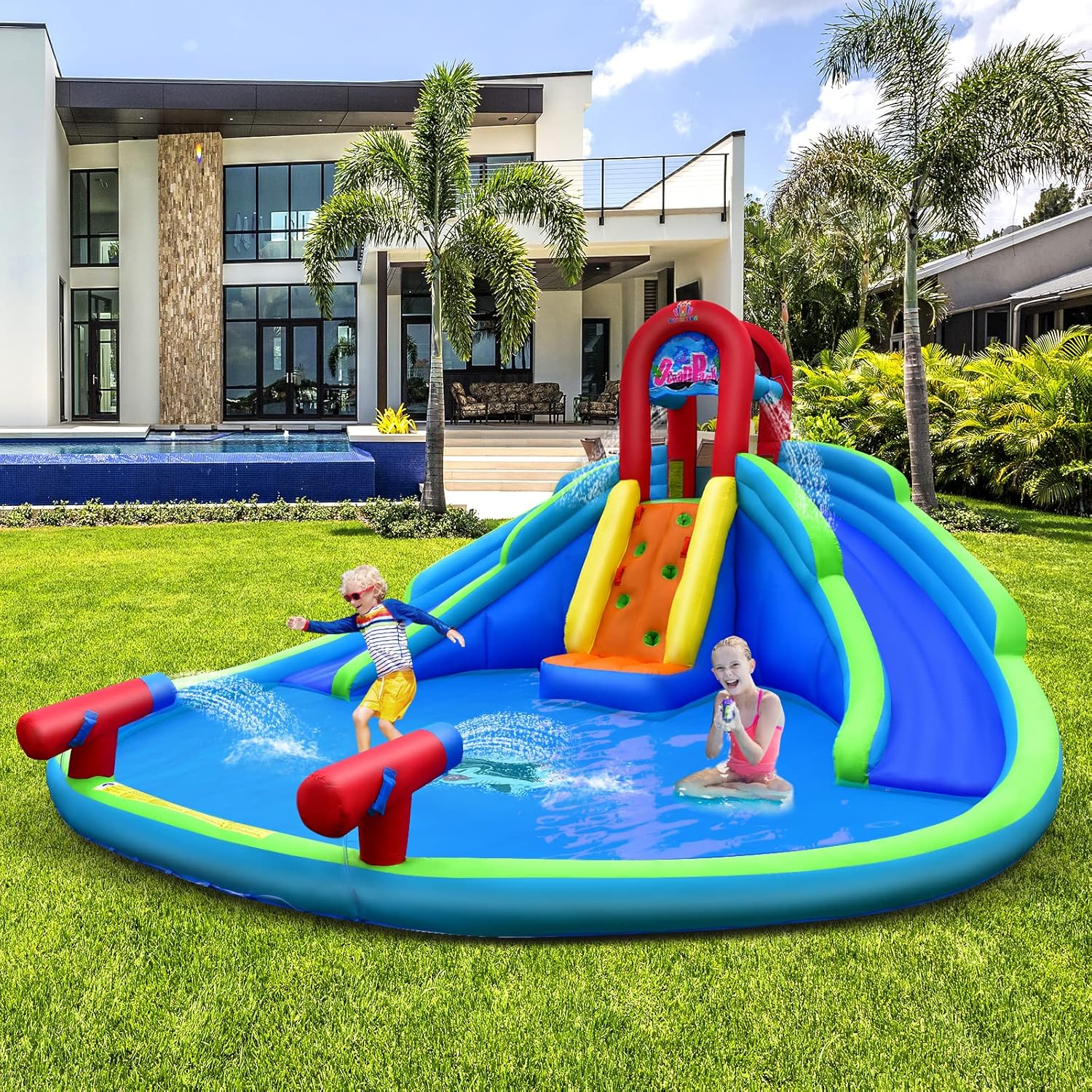BOUNTECH Inflatable Water Slide, Giant Waterslide Park for Outdoor Fun with 2 Long Slides, Splash Pool, 780w Blower, Climbing, Handrail Upgrade, Water Slides Inflatables for Kids Backyard Party Gifts