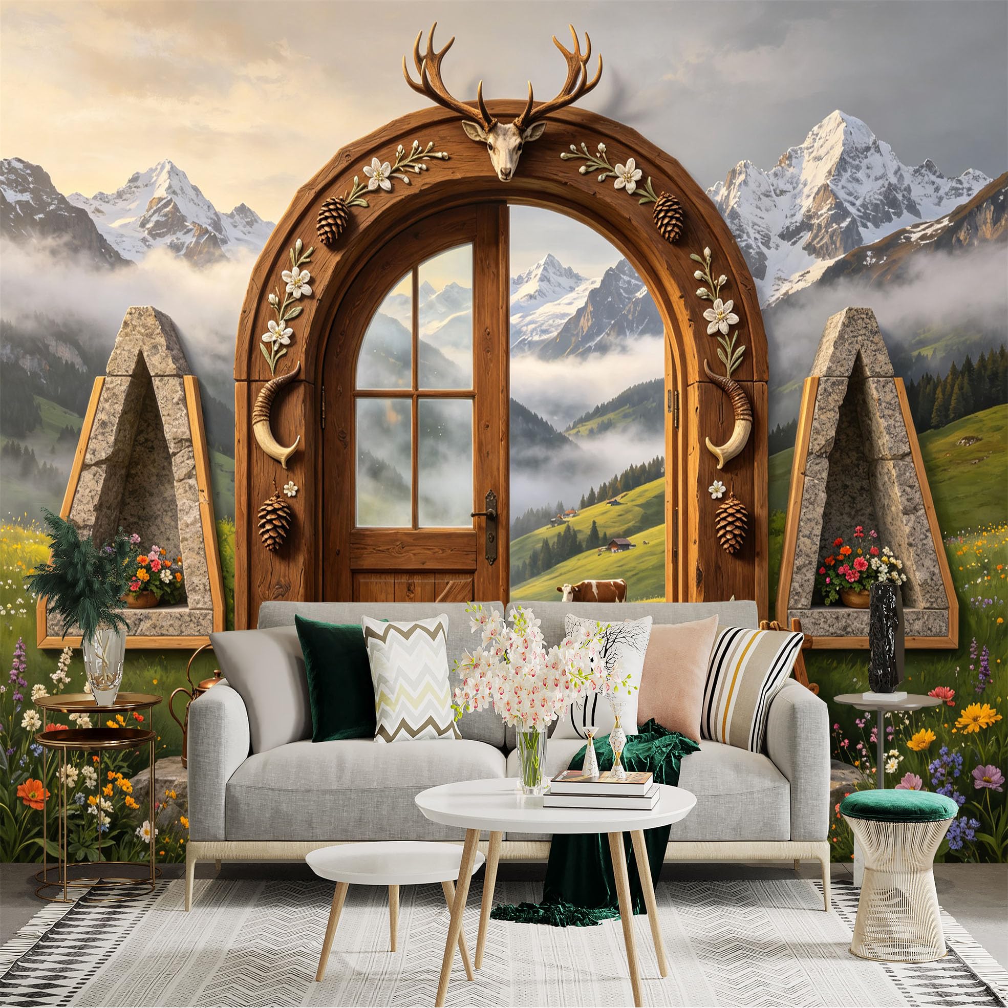 Custom Size Wall Sticker Mural， Rustic Wooden Arch Door， Alpine Mountains， Meadow Flowers， Countryside Landscape， for wall Decoration， peelandstick wall Decals.