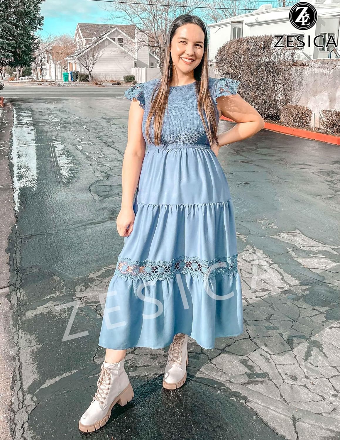 ZESICA Women's Casual Crew Neck Flutter Sleeve Smocked High Waist Hollow Out Lace Trim Tiered A Line Midi Dress - Image 5