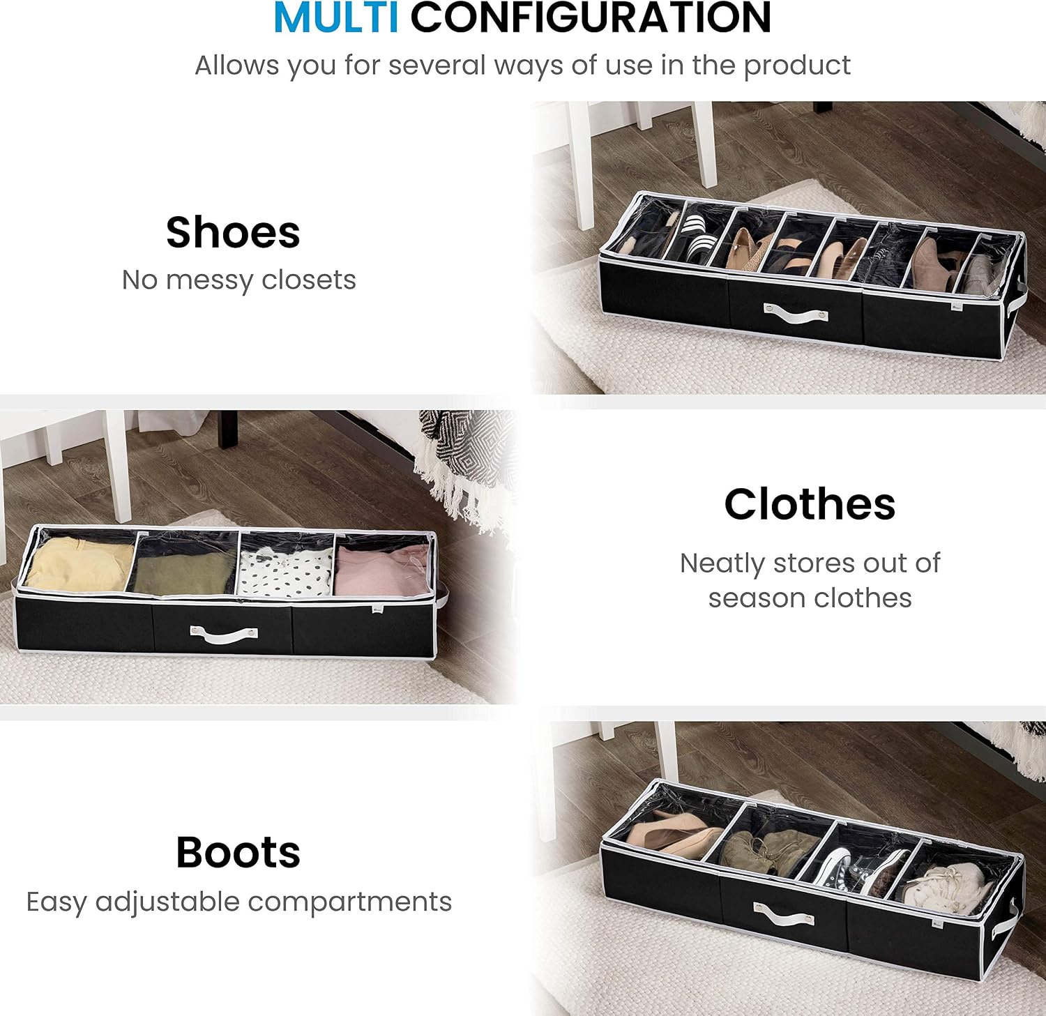 ZOBER Under Bed Shoe Storage Organizer (8 Pairs) Under Bed Storage for Shoes, Customizable Slots for Boots, Clothes Blanket/Comforter Underbed Shoe Storage Containers with Handles (Black)