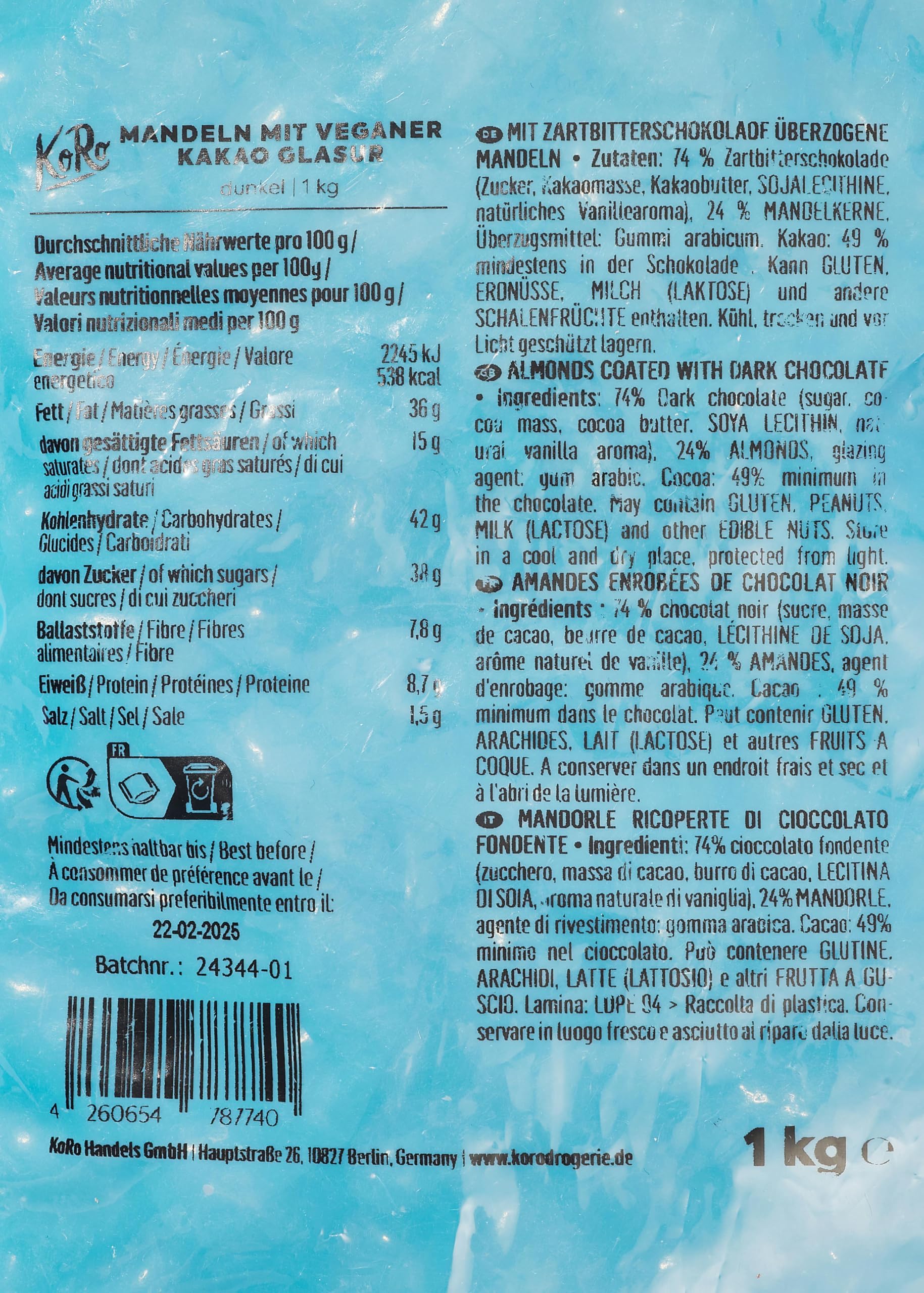 KoRo - Vegane Schokomandeln 1 kg - Zarte Kakaoglasur - Herrlich schokoladig - Knackige Mandeln