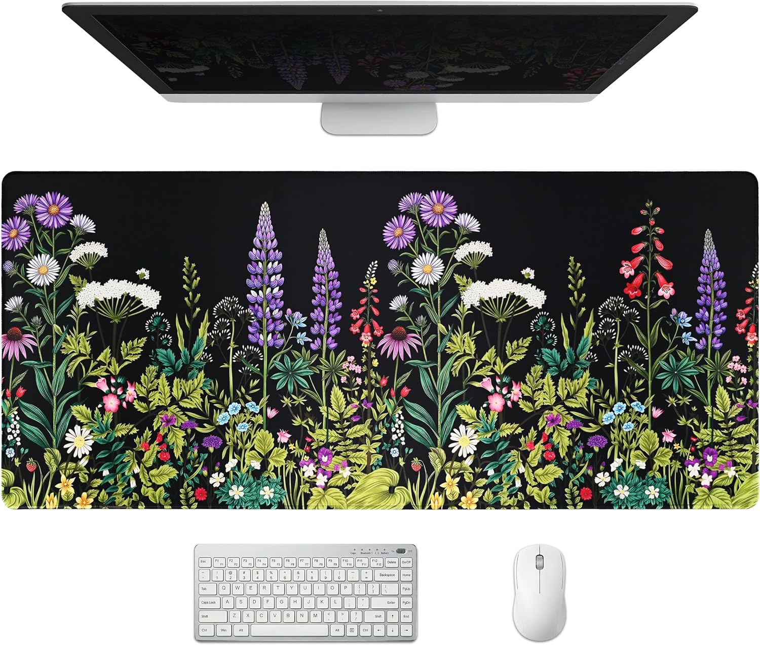 Extended Wildflower Meadow Desk Mat, XXL Large Gaming Mouse Pad, Florals Weeds Stitched Edges Waterproof with Non-Slip Rubber Base for Computer Keyboard Laptop Work Home Office 35.4"x15.7"