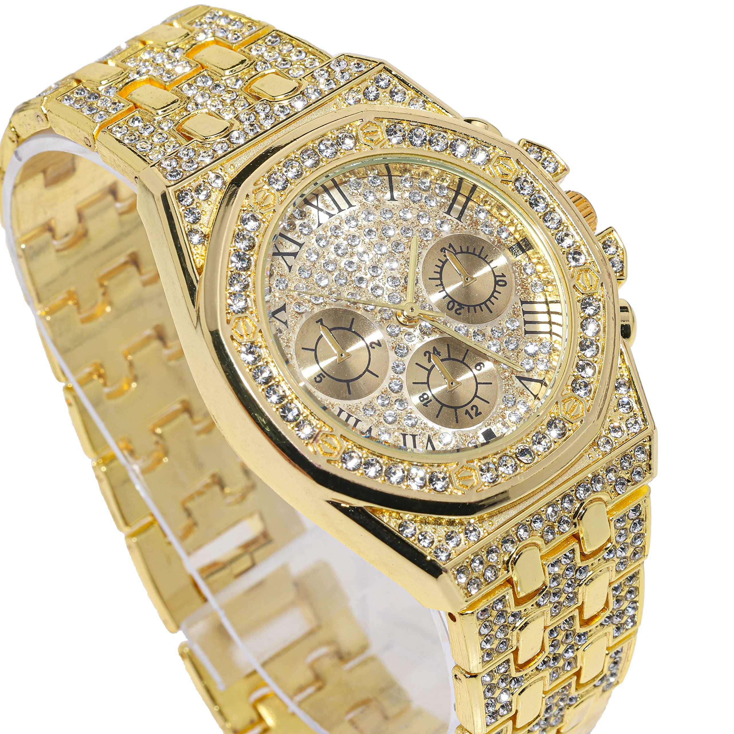 HALUKAKAH Diamante Reloj Oro, Hombres Chapado Oro Real 18K/Oro Blanco Platino 40MM Ancho Números Romanos Esfera Cuarzo Pulsera 22cm con Enlace Cubano Cadena 20+45cm Collar Pulsera, con Caja de Regalo