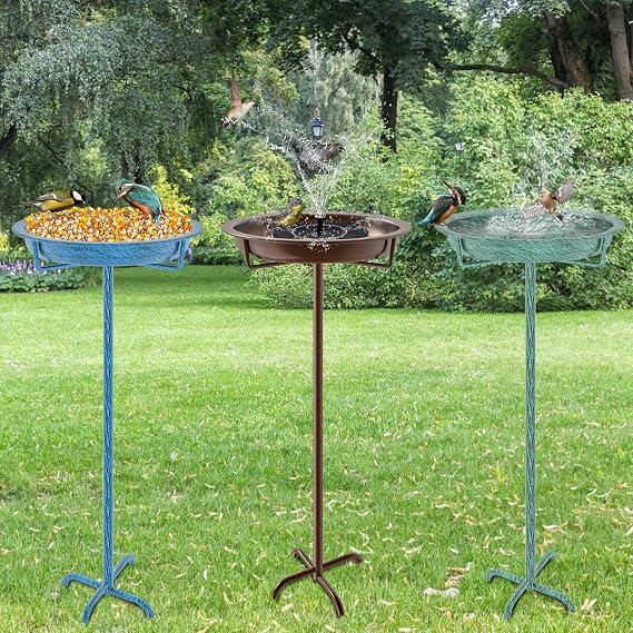 Bird Bath for Outdoors, Metal Garden Birdbath Bowl for Outside with 4 Prongs Base Stake, Bird Feeder for Garden Yard Lawn Deco (Retro Blue)