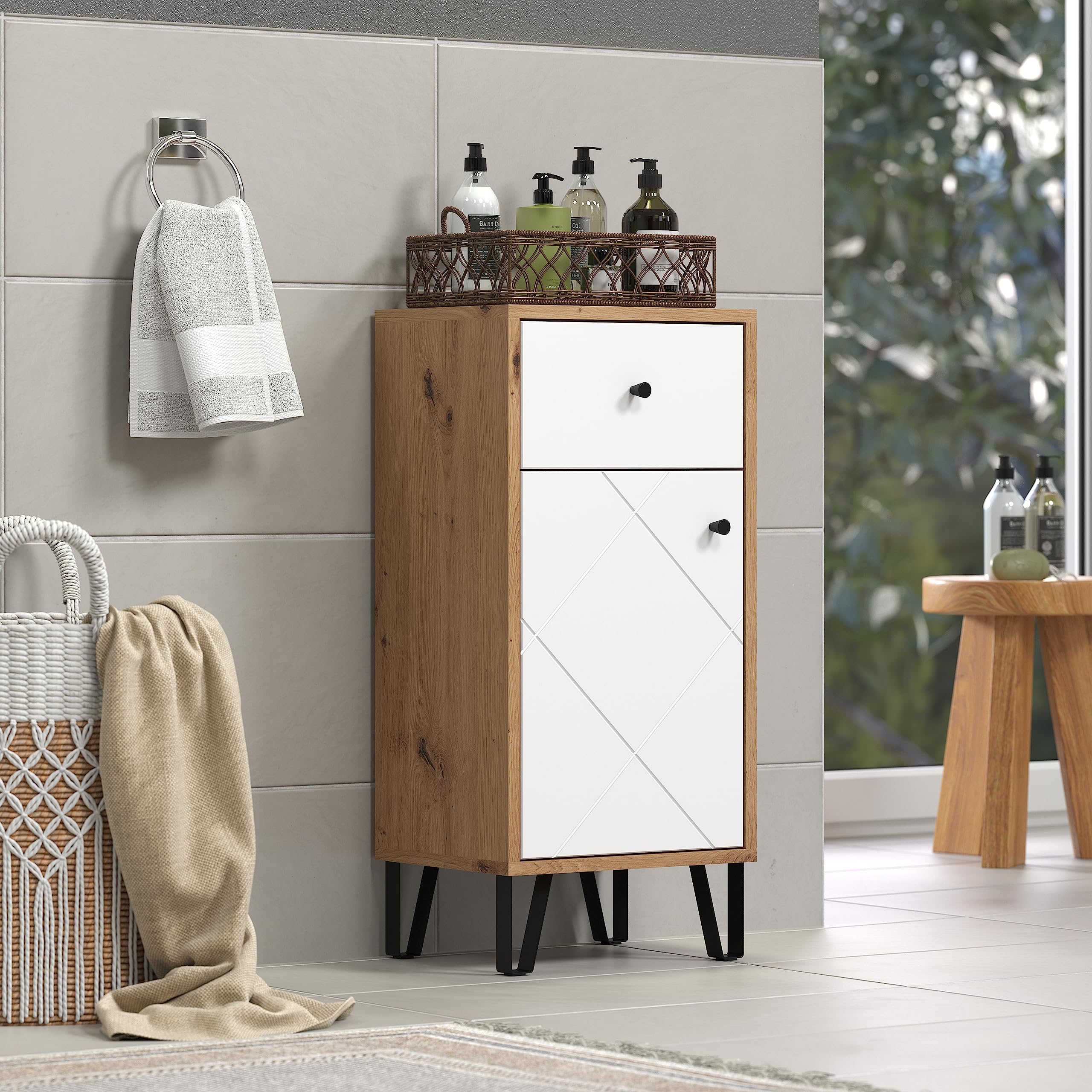 trendteam smart living - Commode de Salle de Bain - Salle de Bain - Tactile - Taille d'assemblage (LxHxP) 36 x 79 x 29 cm - Couleur chêne Artisanal avec Blanc - 210280207