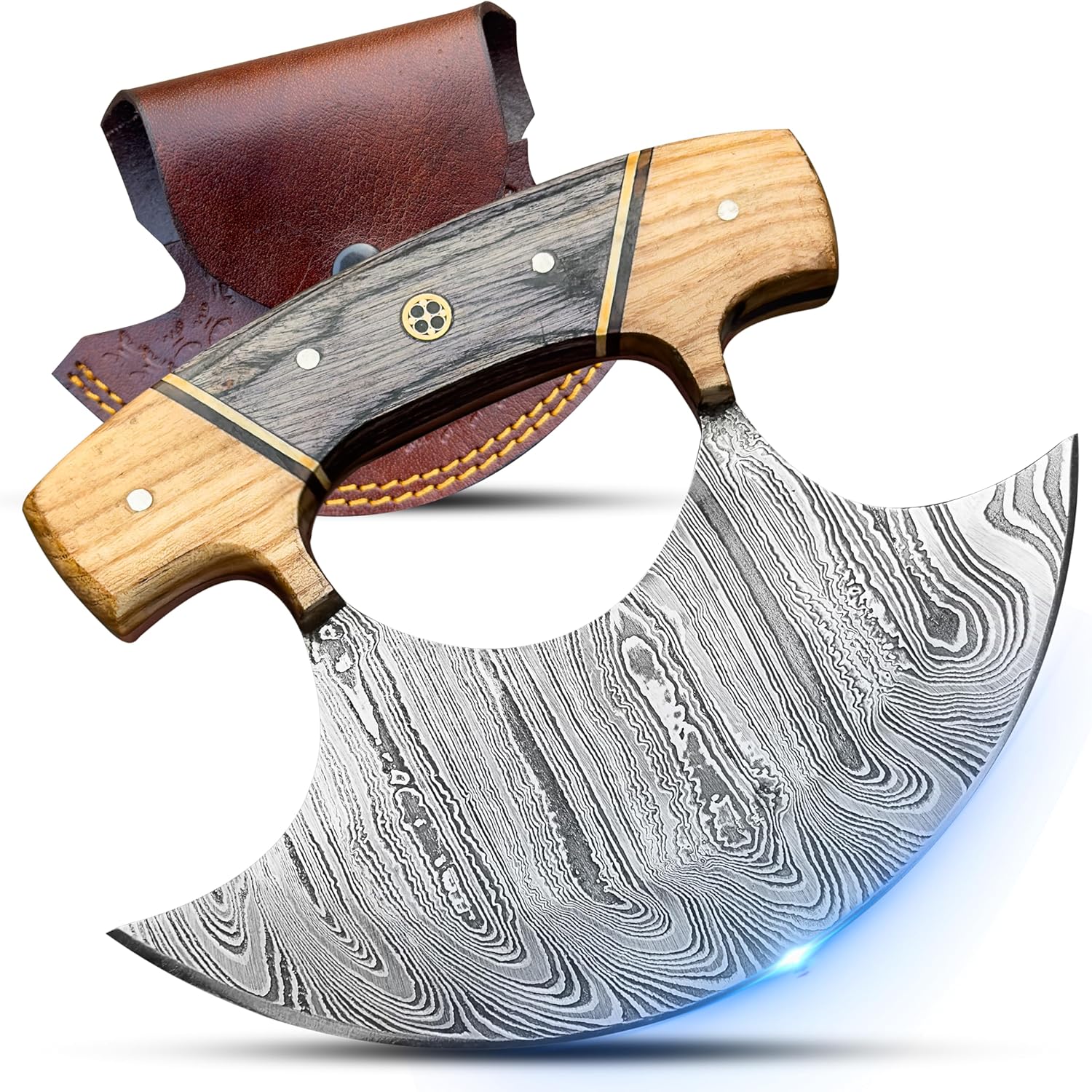 Handmade Damascus Steel Alaskan Ulu Knife – Curved Rocker Blade with Leather Sheath | Sharp Chopper for Meat, Fish, Vegetables, Herbs & Cheese | Wooden Handle Mincing & Butcher Knife