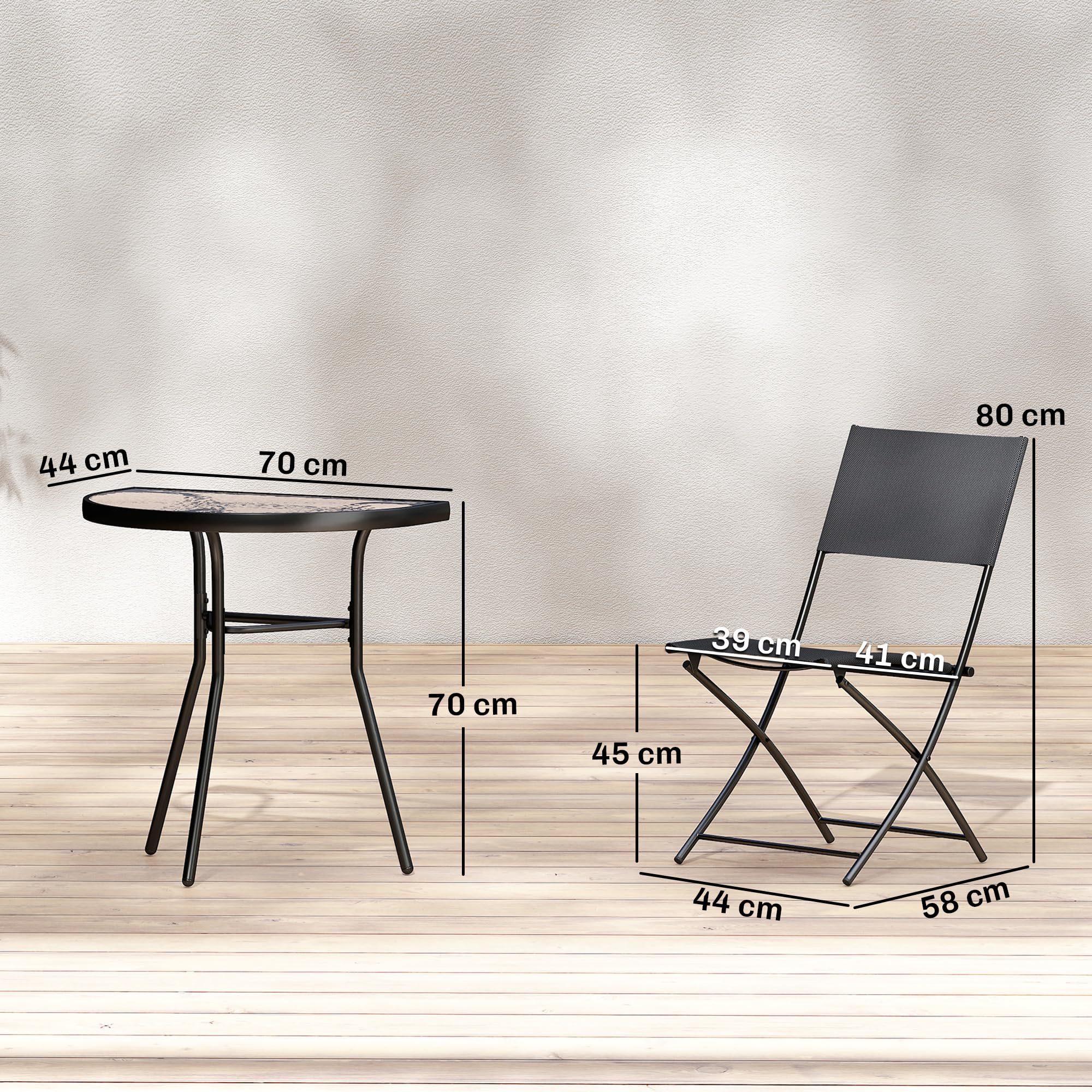 Outsunny Bistro-Gartenmöbel-Set, 3-teilig, Terrassenmöbel mit halbrunden Tisch, 2 Klappstühle, Mesh, Metallrahmen, ideal für Balkon, Terrasse, Garten, Schwarz