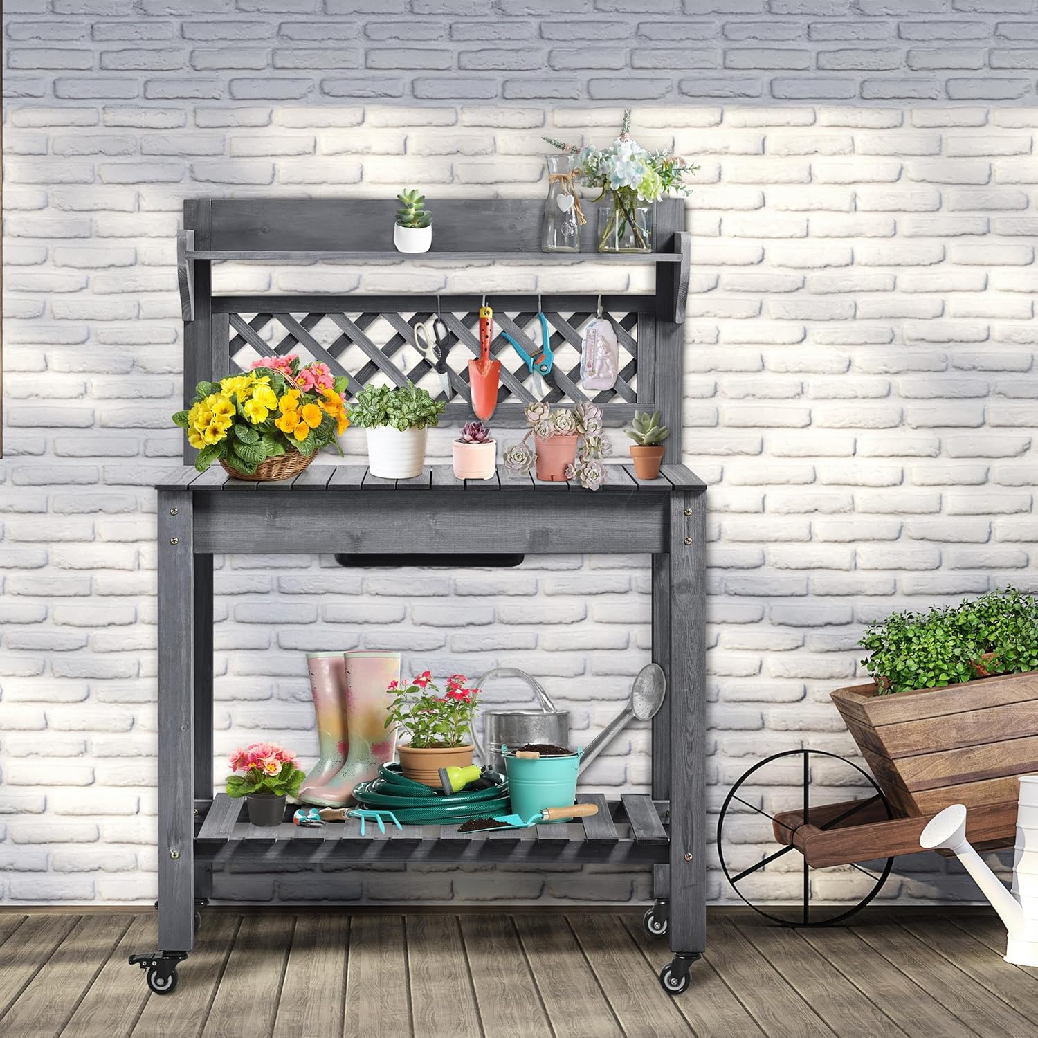 Yaheetech Potting Bench Table Outdoor Garden Potting Table Wooden Workstation w/Sliding Tabletop Removable Sink w/Storage Shelf Flower Pot Bench Mobile Garden Potting Bench Gray