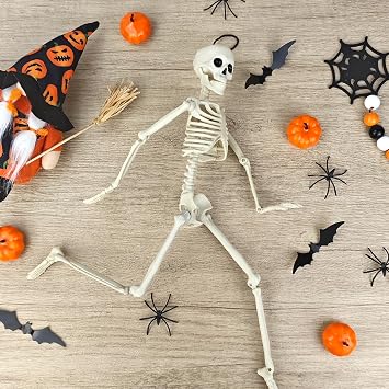 2 PCS 16 Halloween Posable Skeleton Decor, Scary Small Hanging Skull Props | Halloween Bone for Outdoor Yard,Porch,Tree,Graveyard,Indoor Halloween Party Decorations for Table,Haunted House,Window,Office