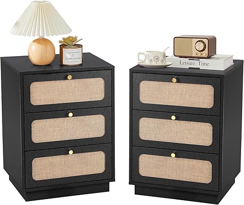 Miniatura 19 de Juego de 2 mesitas de noche con 2 cajones, mesitas de noche de estilo de mediados de siglo con panel de lino natural, mesa de noche de madera, mesa