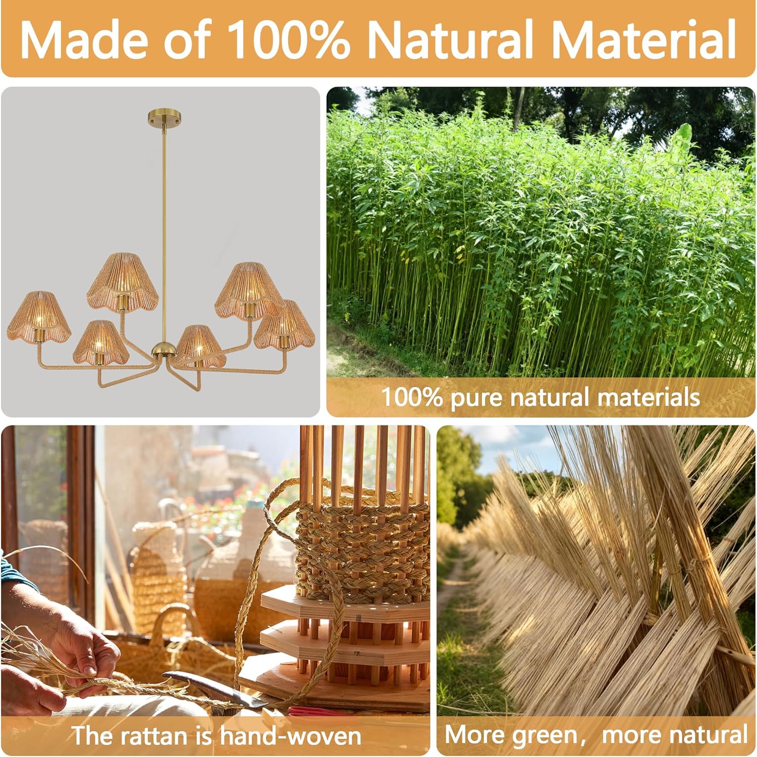 6-Light Gold Rattan Chandelier Light Fixtures, 39" Large Boho Pendant Lights with Adjustable Height, Farmhouse Lighting Fixtures Ceiling for Kitchen Island,Wicker Hanging Light for Living Room