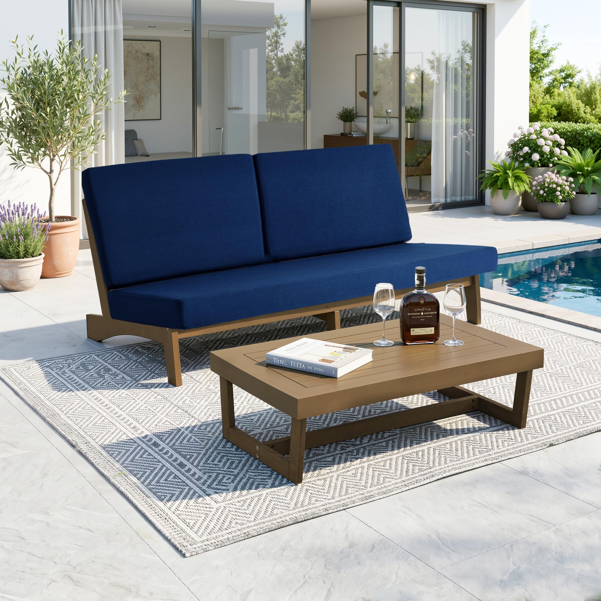 Pia Ricoo 2-Piece Patio Furniture Set, Outdoor Wood Sofa with Coffee Table, 4.5-Inch Thick Cushions, All-Weather Conversation Set for Backyard, Deck, Lawn - Navy