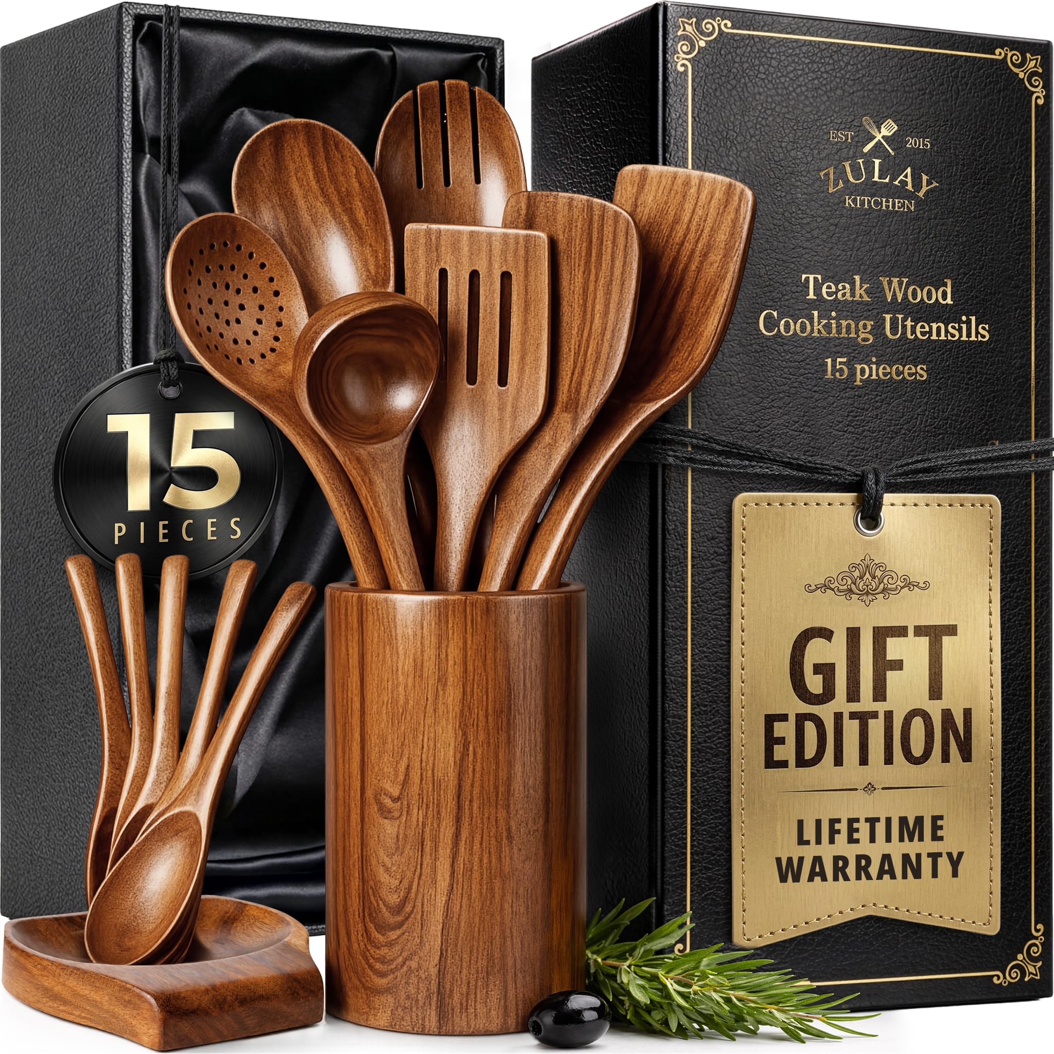 Zulay Kitchen Lot de 15 ustensiles en bois de teck pour la cuisine – Ensemble d'ustensiles en teck naturel avec coffret cadeau de qualité supérieure – Cuillères en bois antiadhérentes pour la cuisine