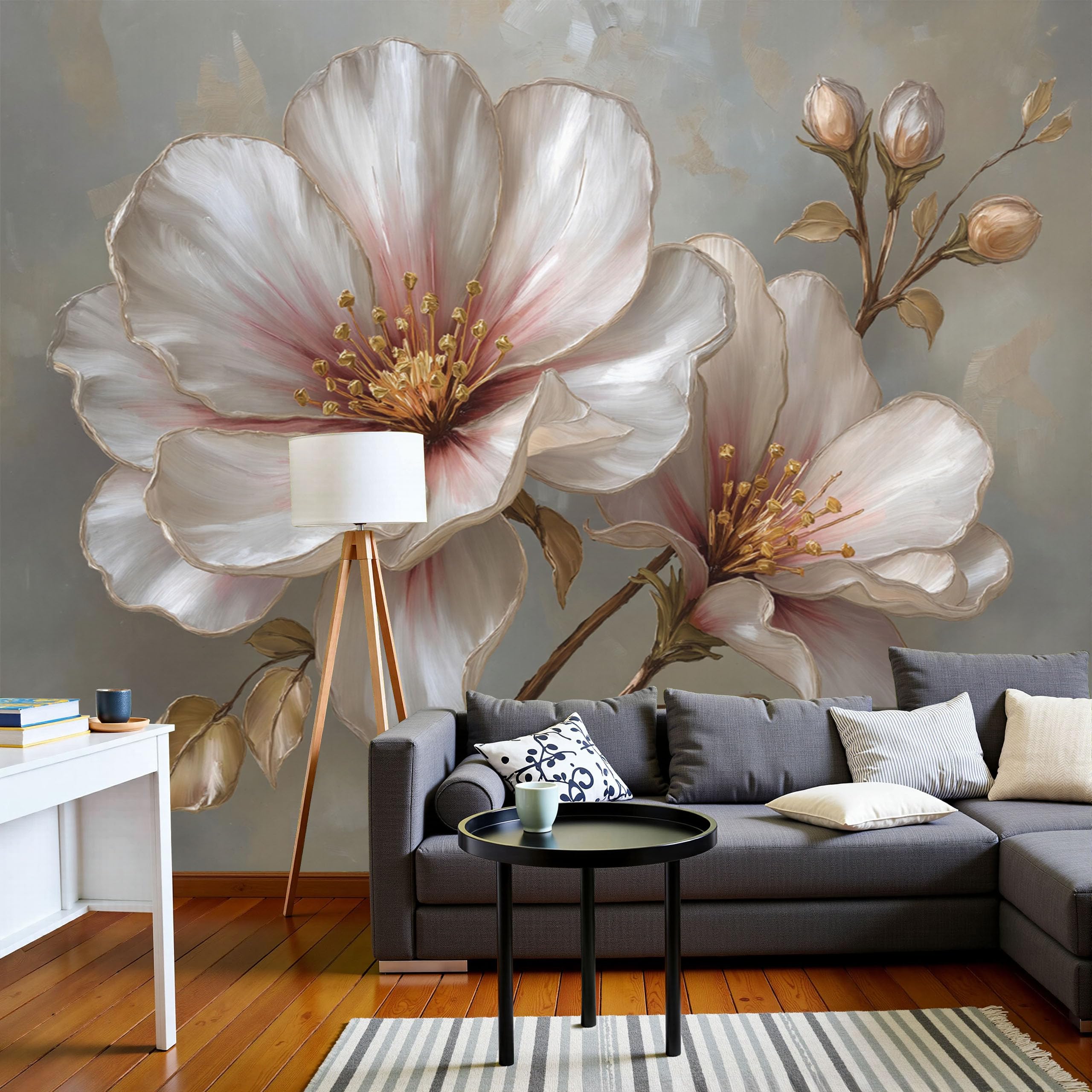 Papier peint panoramique effet 3D fleurs peintes à l'huile