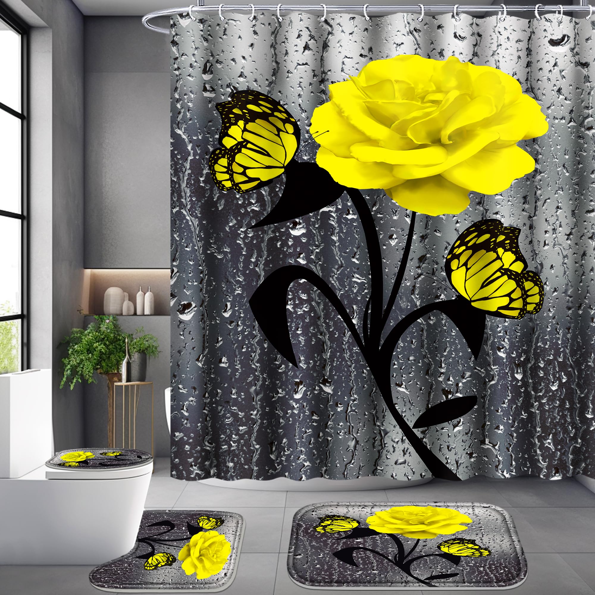 Red Rose Set Bagno Completo 4 Pezzi | Tenda Doccia Impermeabile 180x180 Cm + Tappeti E Copriwater | Motivo Floreale Romantico | Con 12 Ganci