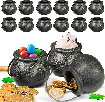 NOVELTY PLACE 12 Pcs Spooky Halloween Candy Cauldrons - Mini Black Cauldron Children Bucket Toys for St. Patrick s Day Pot Of Gold, Trick or Treat, Halloween Decoration and Kid Birthday Party Favors