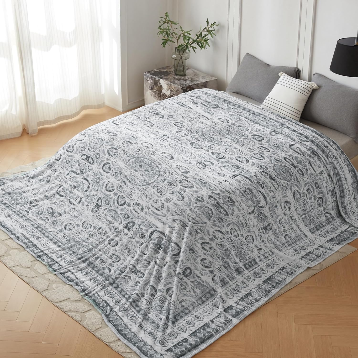 Condition photo showing New/Like New for Oversized Vintage Pattern Blanket 120x120 Inches, Giant 10'x10' for Bed, Travel, and Camping, Extra Large Soft Blanket for The Whole Family and Outdoor, Grey Grey 120" x 120"