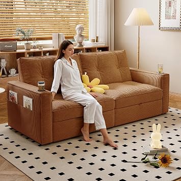 74 Convertible Sofa Bed, 2-in-1 Velvet Sleeper Sofa for Small Spaces, Modern Loveseat & Guest Bed, Apartment & Dorm Furniture,Orange | Convertible Sofa Bed