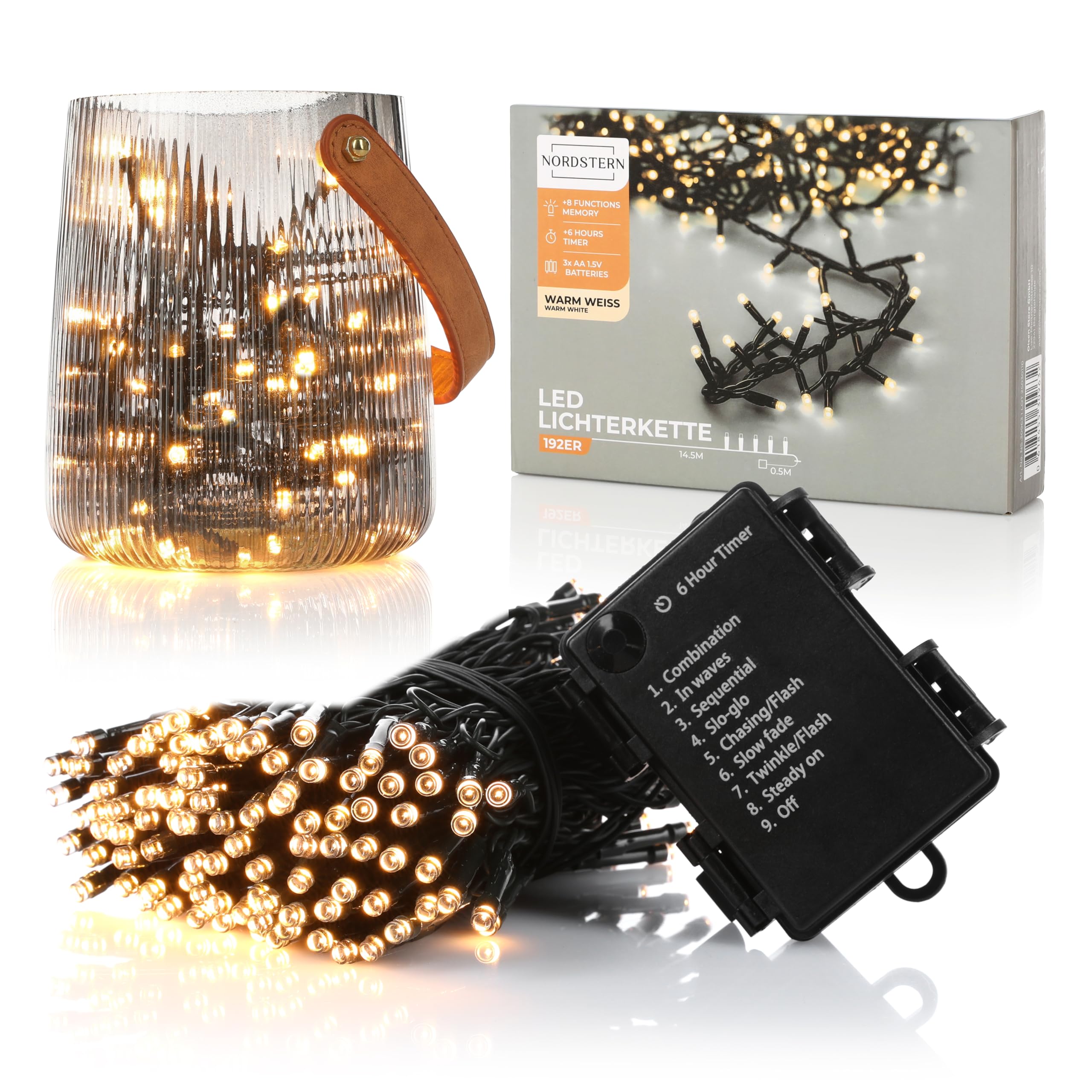 Nordstern LED light chain warm white 192 LEDs - Lighting for indoor & outdoor 14.5 m incl. timer and 8 light modes - Battery operated Christmas lights