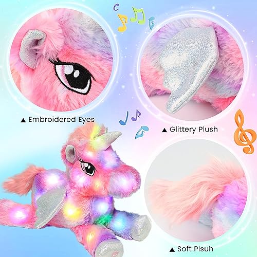 Miniatura 5 de Hopearl Unicornio de peluche con luces LED y música con volumen ajustable canciones de cuna animado da calma para festival cumpleaños niños pequeños