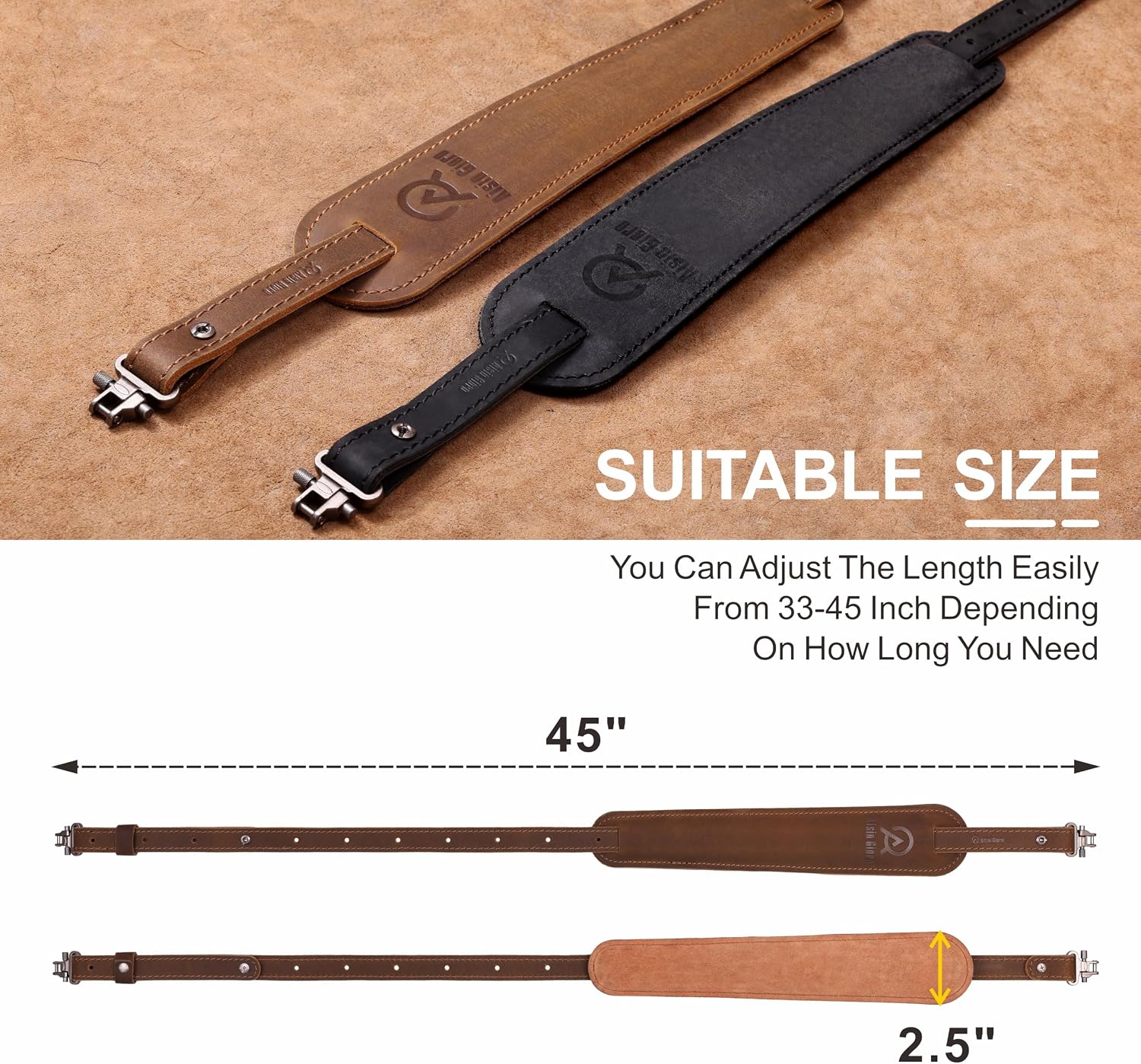 Aisin Gioro Rifles Slings, 2.5" Wide Double Layer Crazy Horse Cowhide Leather Gun Sling Adjustable Replacement with Gun Sling Swivels