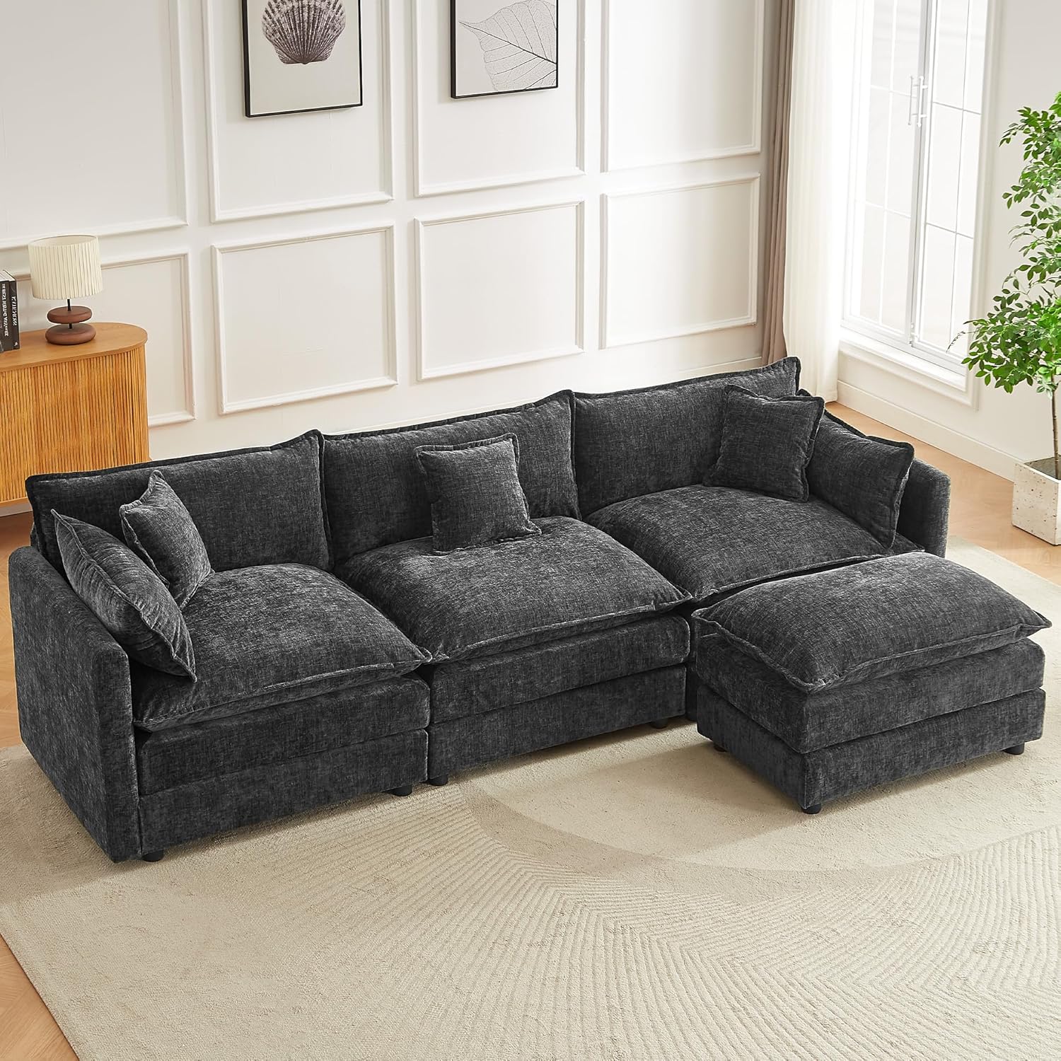 Modular Sectional Sofa 112.2 Inch L Shaped Couch Set with Armrests, 3-Seater Comfortable Cloud Couches with Movable Ottoman for Living Room Apartment, Grey