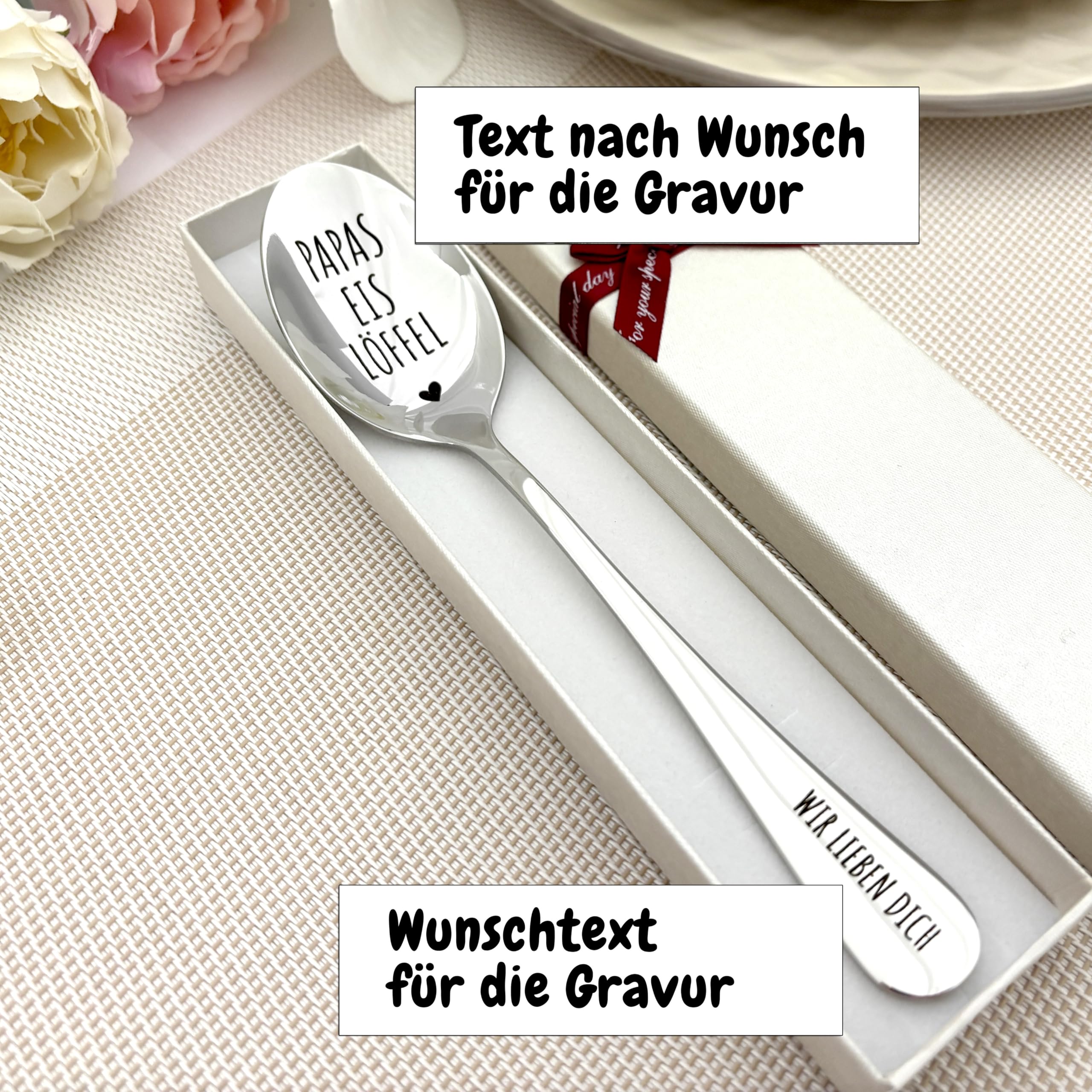 Gravierter Eislöffel mit personalisiertem Text, individuelle Gravur auf Löffel und Griff, inklusive Geschenkverpackung wählbare Größe und Farbe.