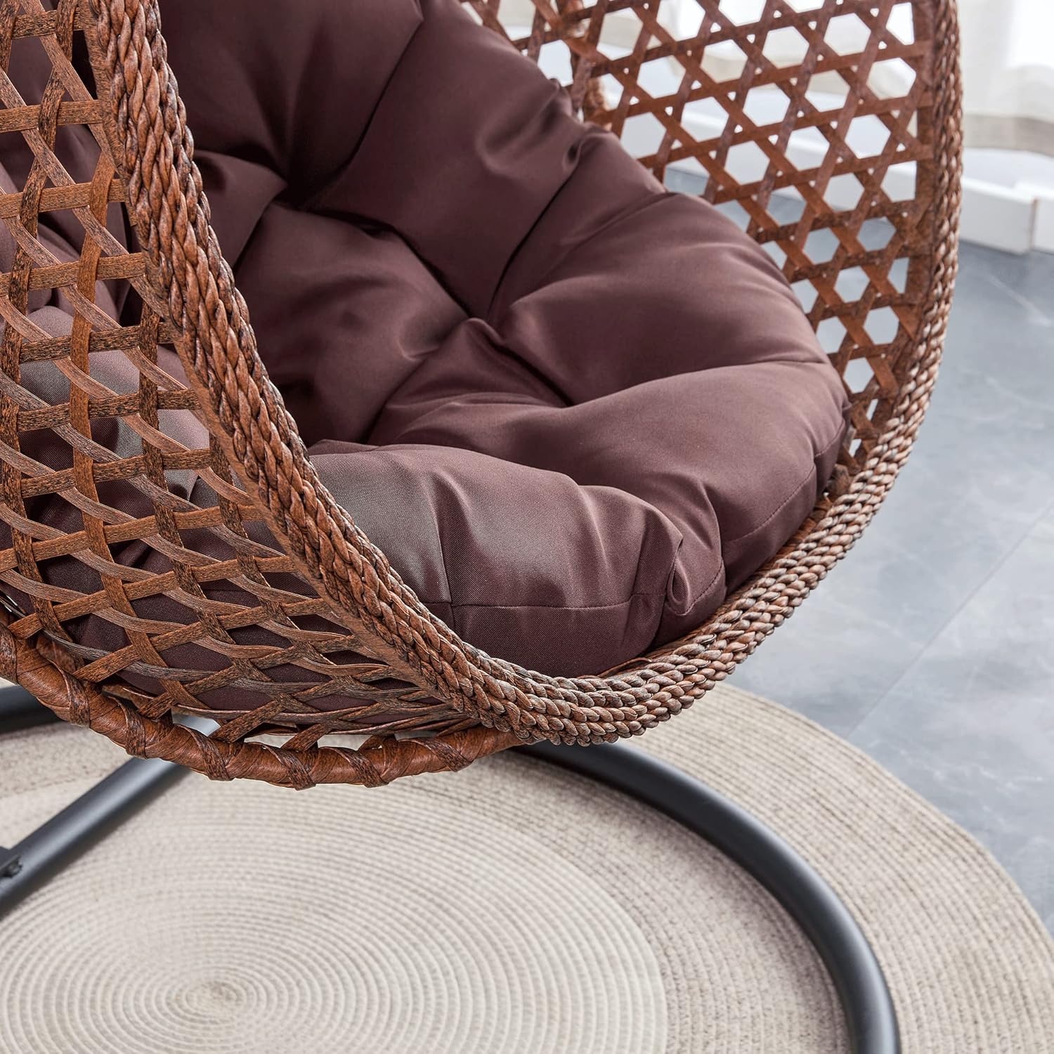 Hanging Egg Swing Chair with Stand, Rattan Wicker Hanging Egg Chair Hammock Indoor with Cushions, Swinging Chair for Bedroom Outdoor Patio Balcony Backyard Sunroom Heavy Duty 350LBS (Brown)