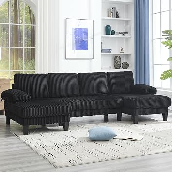 KEIKI 114 U-Shaped Oversized Modular Velvet Sectional Sofa with 2 Chaise Lounge, Modern Style Upholstered 4-Seater Couch with Soft Seat Cushions, Easy Assembly, for Apartment, Living Room, Black
