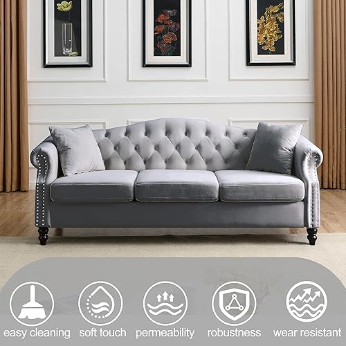 Miniatura 7 de Chesterfield - Juego de 2 sofás biplaza de terciopelo gris moderno de 79 pulgadas, 3 plazas y 57 pulgadas, sofá combinado Chesterfield con 4