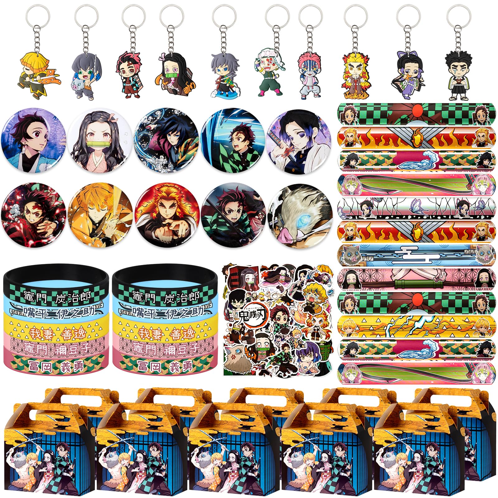 Birthday Party Supplies,100 Pcs Party Favors Include 10 Silicone Wristbands,10 Keychains,10 Pattern Decorations,10 Wrists,10Gift Boxes and 50 Stickers, Best Gift Bag Filler for Themed Party