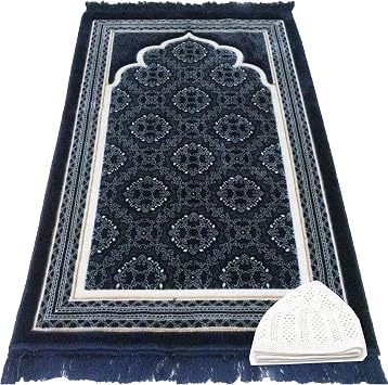 Modefa Turkish Islamic Prayer Rug - Soft Velvet Janamaz Praying Carpet - Comfortable Muslim Praying Mat for Men & Women - Ramadan or Eid Gift - with Kufi Prayer Cap - Elegant Swirl Dark Blue