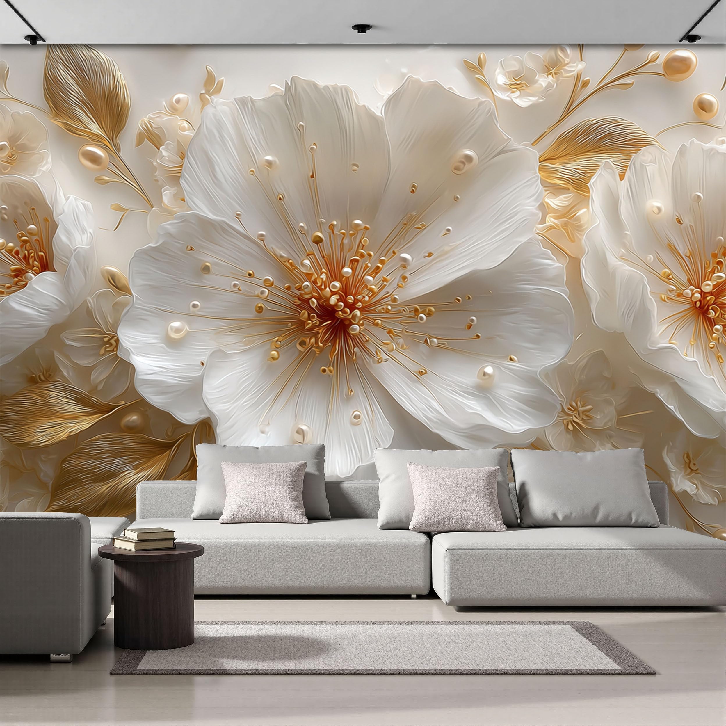 Elegant and Luxurious Photo Wallpaper, 161" Wx 108" H Jewel Flowers Wall Murals 3D Effect Large Wallpaper Wall Decor for Living Room, Sofa, TV Background, Hallway, Golden Yellow
