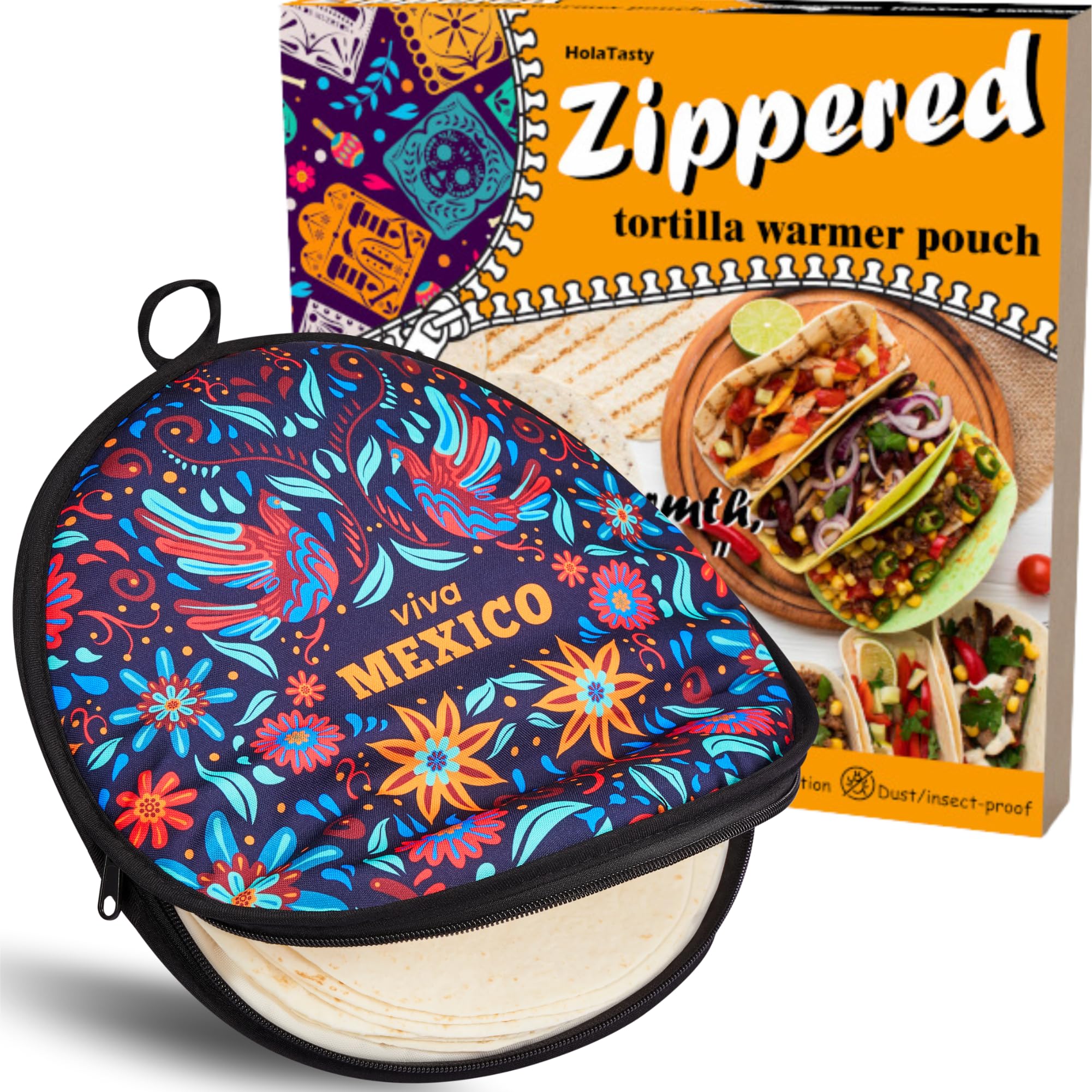 Zippered Tortilla Warmer Pouch - Fit 10’’ Burrito Size Tortillas, Insulated Fabric - Semicircular Secure Zipper, Festive Viva Mexico Folk Art Portable Holder for Fiestas &amp; Kitchen Decor, 12 Inch