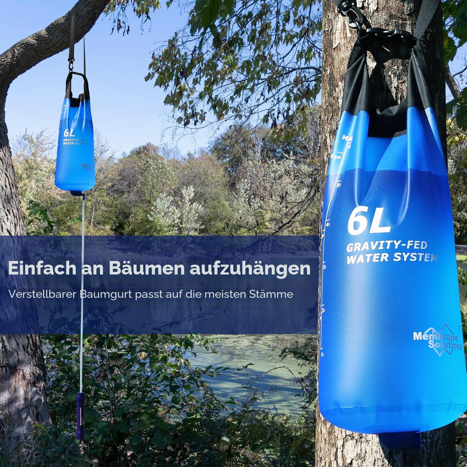 Membrane Solutions Gravity Wasserfilter Outdoor, 6 L Wasserbeutel Camping, Filtergenauigkeit bis zu 0,1 Mikron, Entfernt 99,9999% E.Coli, BPA-frei, für Notfälle, Wandern, Reisen