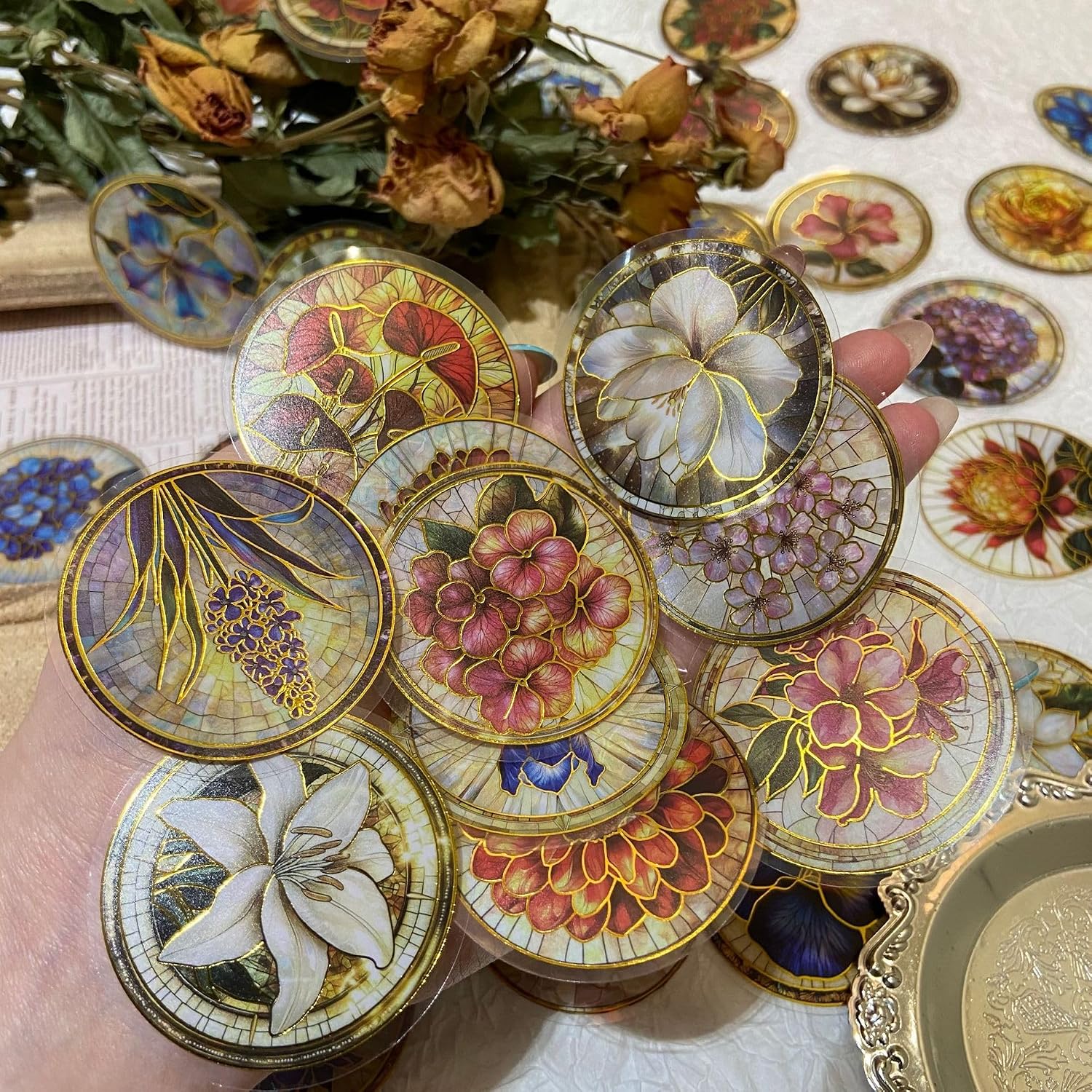 Aesthetic Scrapbook Goldfoiled Round Glass Flower Sticker 50PCS Transparent image 5