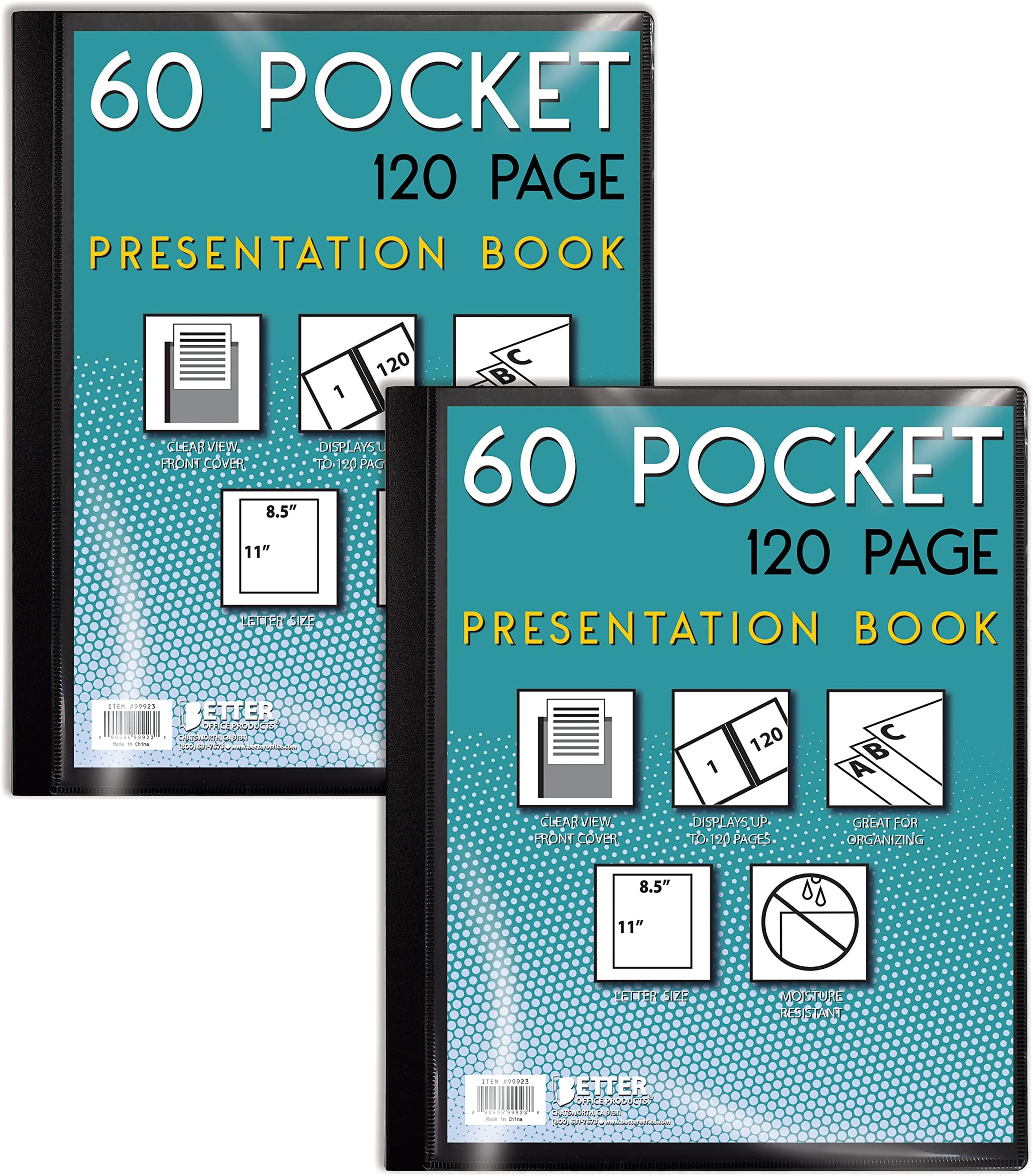60 Pocket Bound Black Presentation Book, with Clear View Front Cover, 120 Sheet Protector Pages, 8.5" x 11" Sheets, Art Portfolio, Durable Poly Covers, Letter Size (2 Pack)