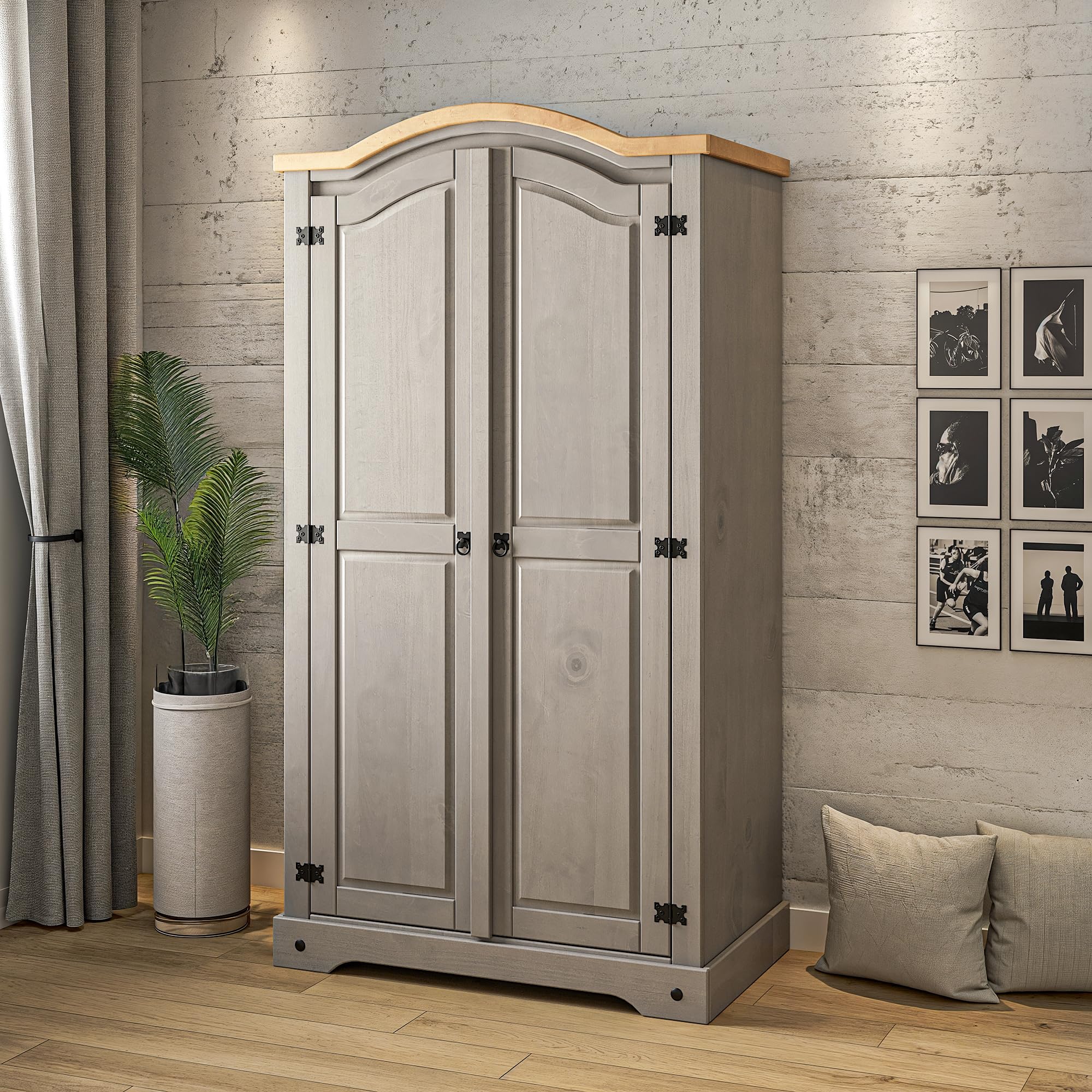 Corona Grey Wax 2 Door Arch Top Wardrobe Solid Mexican Pine 188cm x 102cm x 56cm
