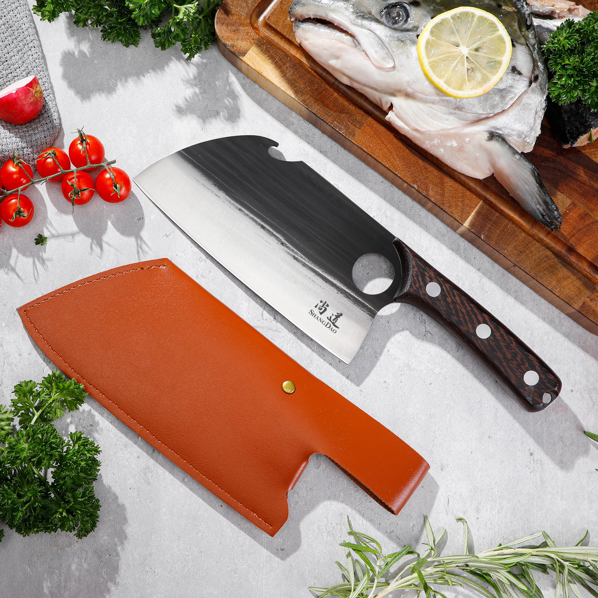 SHANGDAO Deba Knife 17.8cm, handgeschmiedetes Metzgermesser, German Stainless Steel, Wooden Handle