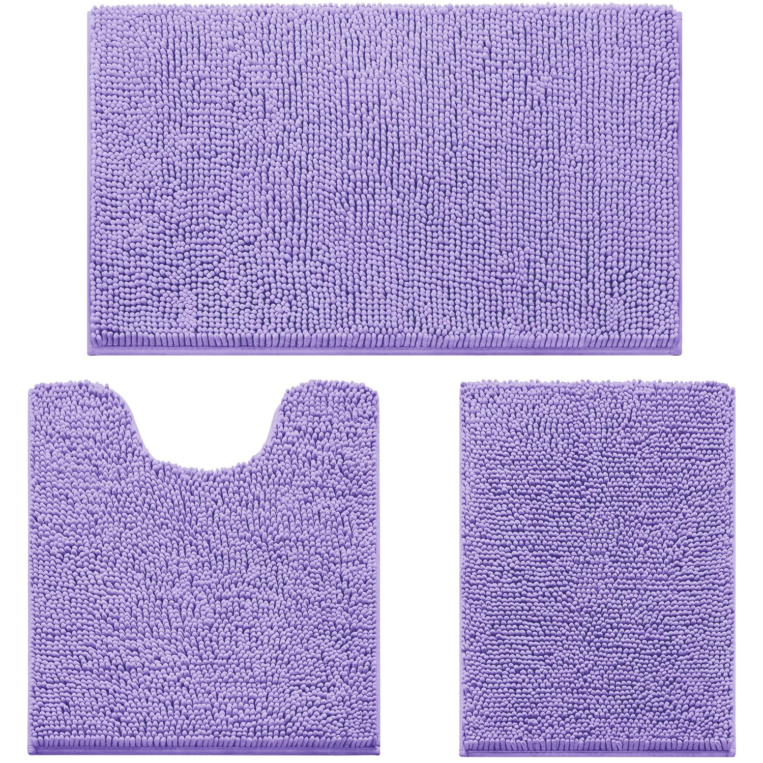 HOMEIDEAS 3 Pieces Bathroom Rugs, Ultra Soft Non Slip Absorbent Chenille Toilet Bath Mat Set (Lavender)