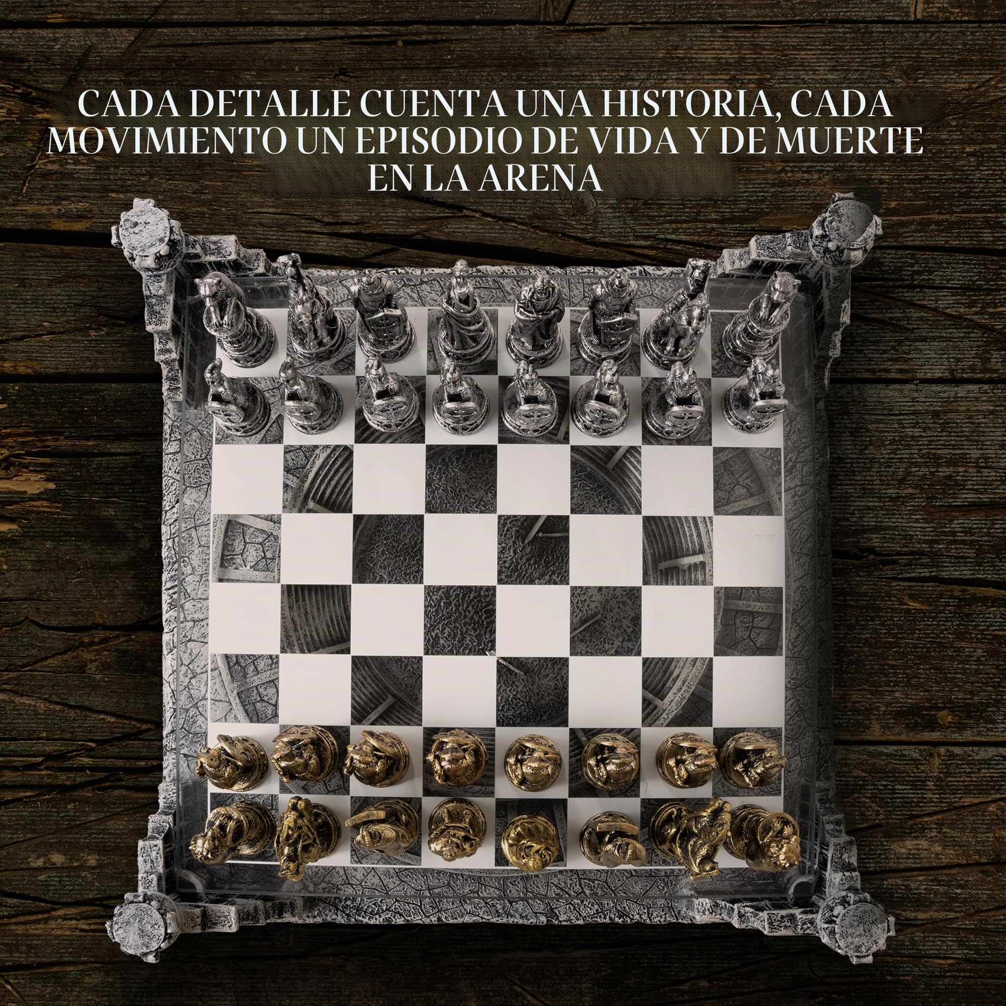 Tablero Ajedrez Profesional Antigua Roma 40x40cm Base de Cerámica | Superficie de Vidrio y Piezas en Resina Oro y Plata - Juego de Mesa Coliseo e Imperio Romano - Idea de Regalo Hombre y Mujer