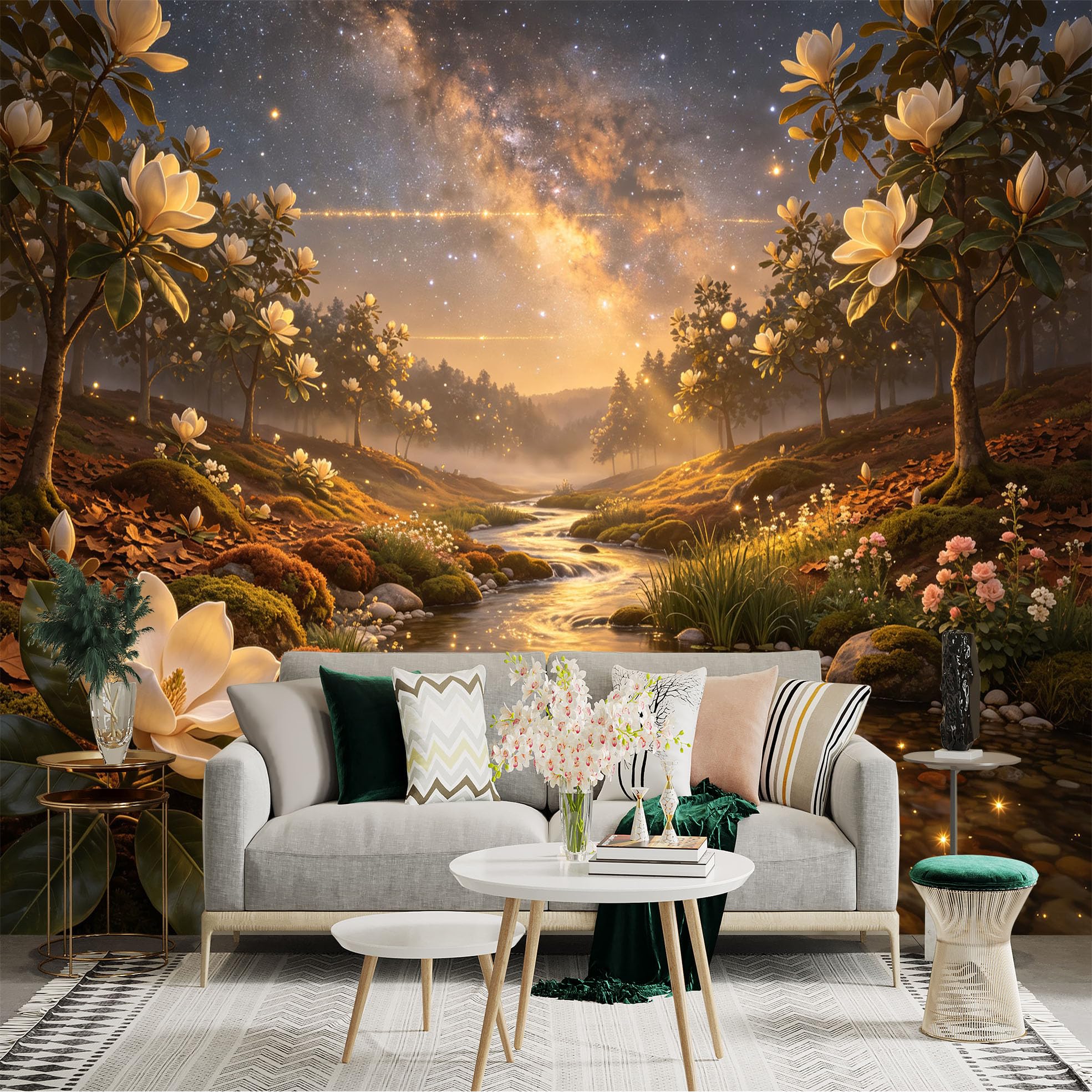 Lnzczhyre Bh260719514 Custom Size Wall Sticker Mural， Magnolia Forest River， Milky Way Galaxy， Glowing Petals， For Wall Decoration， Peelandstick Wall Decals.