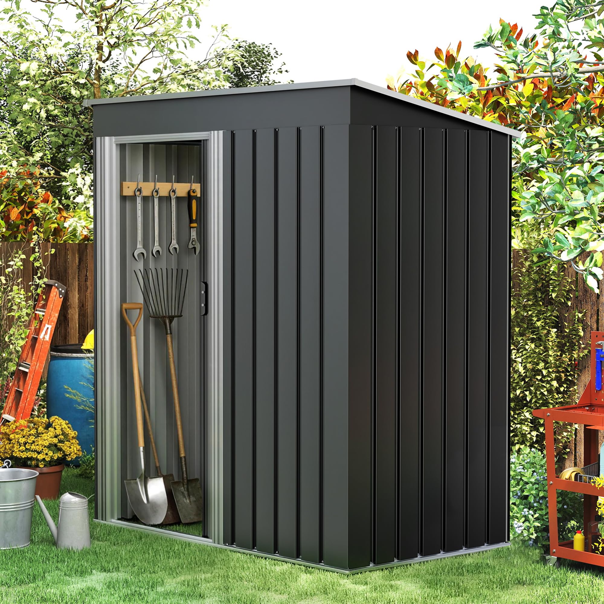 LUXOAK Metal Garden Shed 150x75.5x181cm,Waterproof Rustproof Shed with Sliding Door & Sloped Roof, Outdoor Garden Storage Shed for Backyard, Patio, or Garage