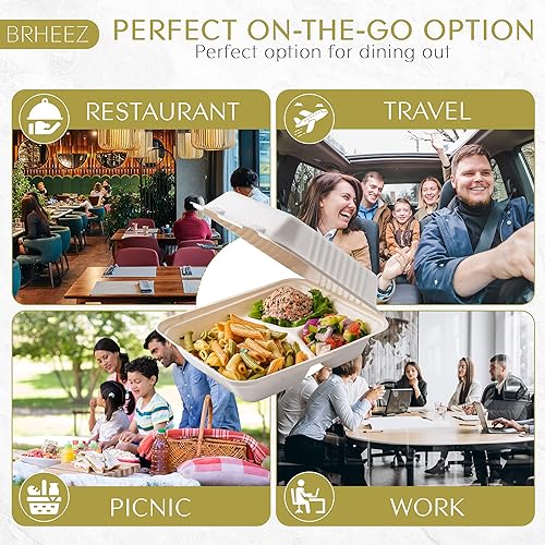 Vista 27 de brheez Recipientes desechables de fibra de bagazo biodegradables con tapas para llevar, fiestas y vacaciones, paquete de 50 cajas sin productos