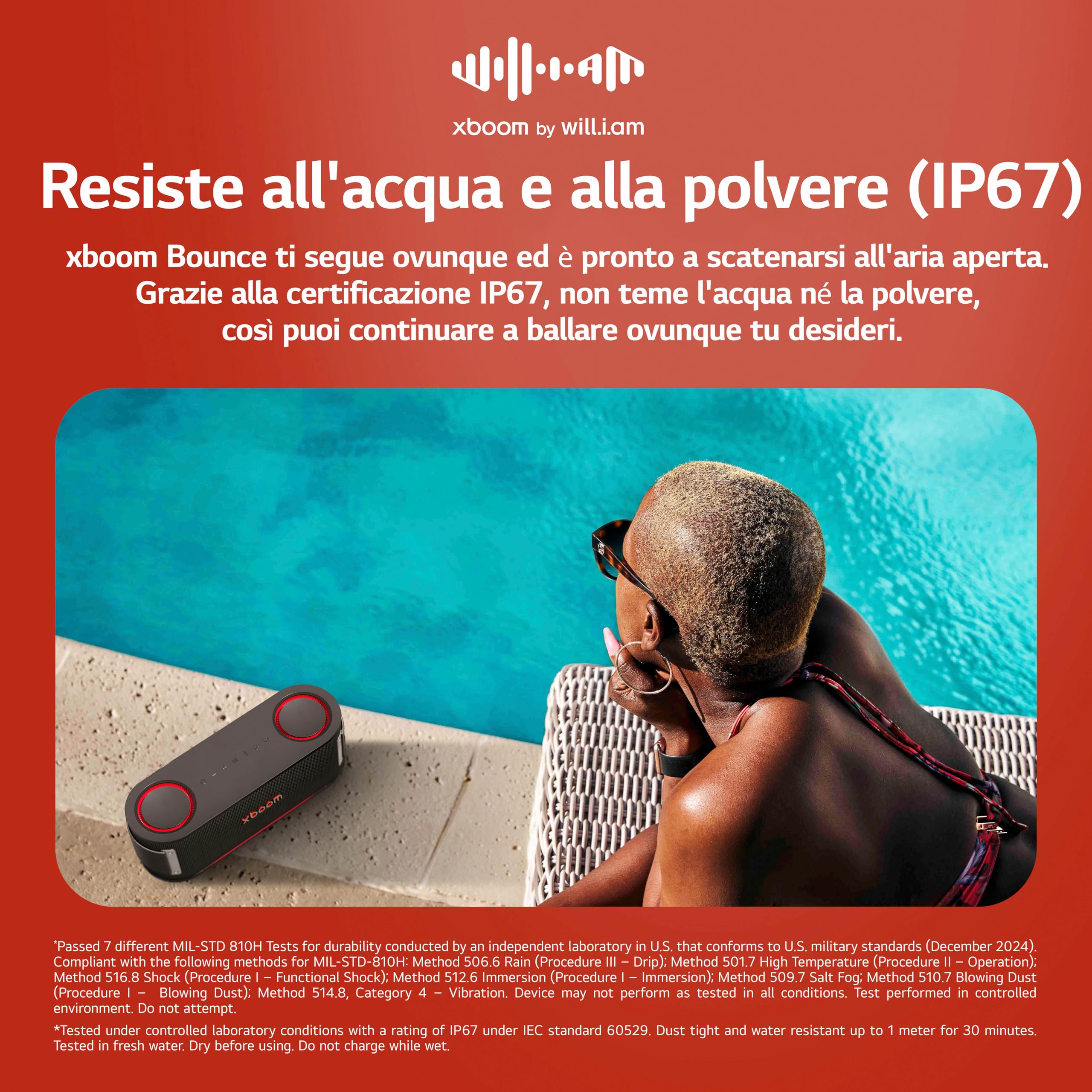 LG xboom Bounce,Speaker Bluetooth Portatile, Cassa Altoparlante Impermeabile e Antipolvere IP67, Fino a 30h di Autonomia,Compatibile con (Google, Siri, Alexa)