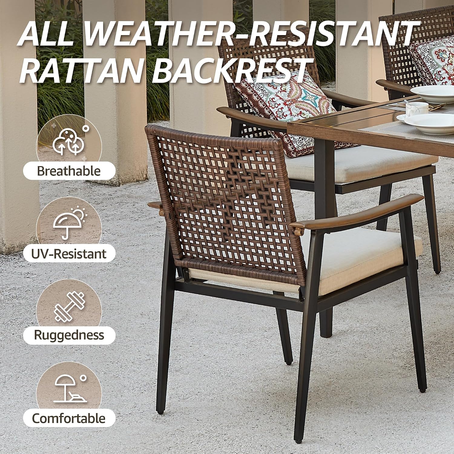 NATURAL EXPRESSIONS 7 Piece Patio Dining Set for 6,Rattan Wicker Swivel Patio Dining Chairs with Cushions,Aluminum Woodgrain Armrest, 65" Large Dining Table with Umbrella Hole for Yard, Garden,Pool