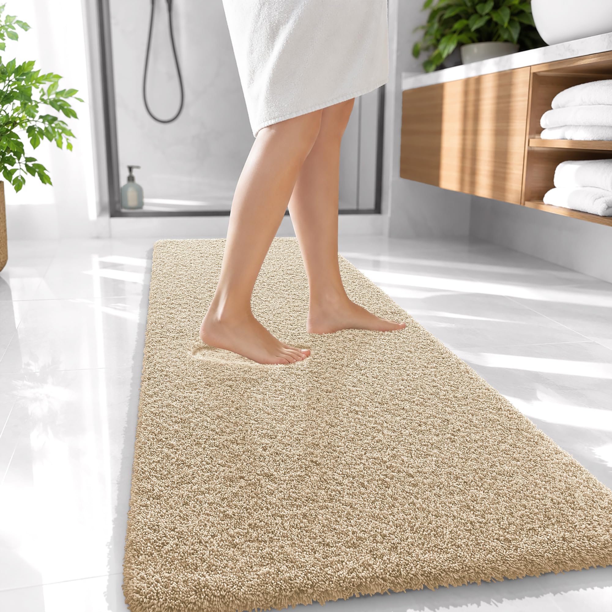 OLANLY Microfiber Bathroom Runner Rugs 47x20, Soft Absorbent Bath Mat, Sand