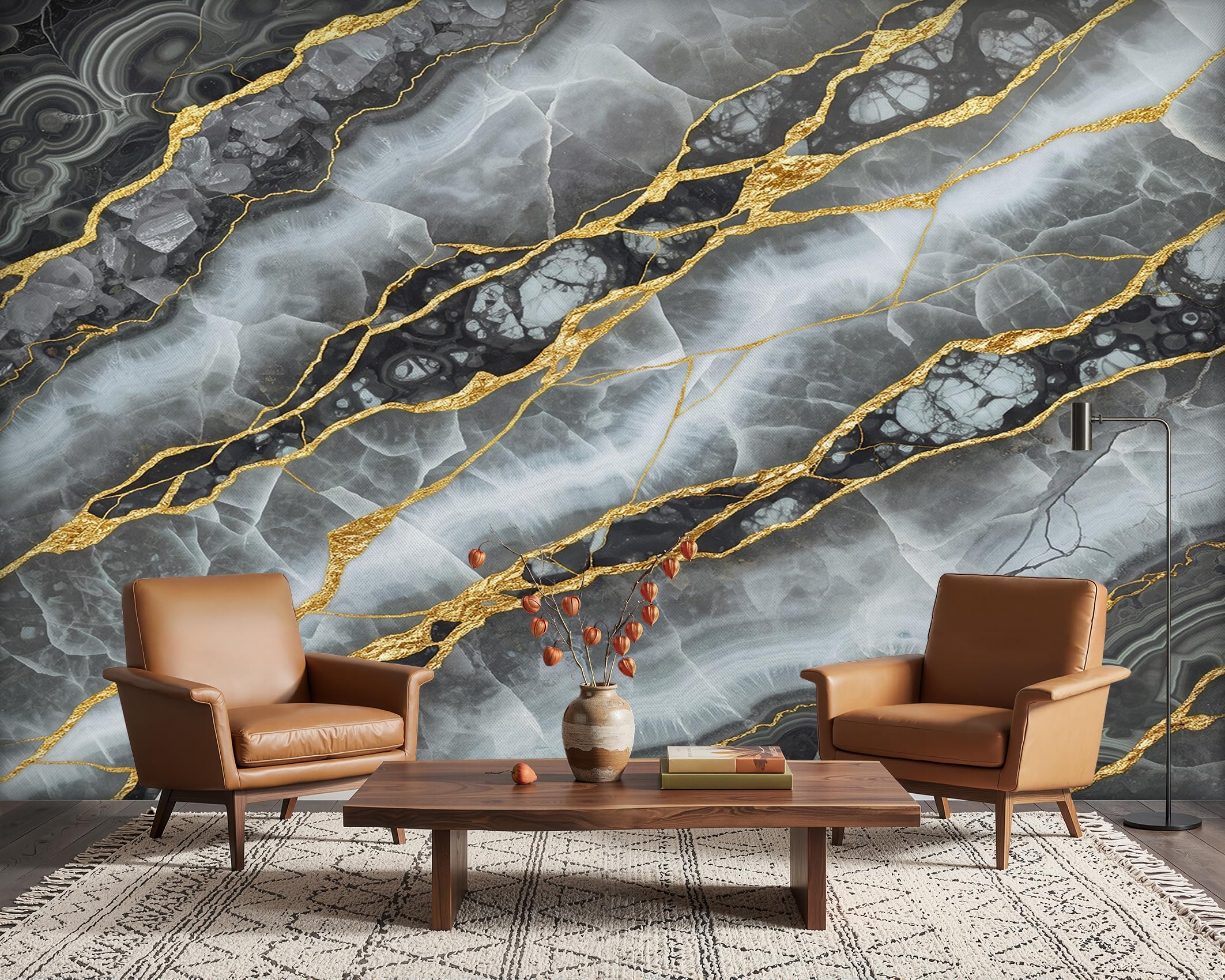 PaxGloz Grey and Gold Marble Wall Mural, 3D Grey Marble Wallpaper for Living Room & Bedroom, Non-Woven Decorative Wall Art 416x254 cm