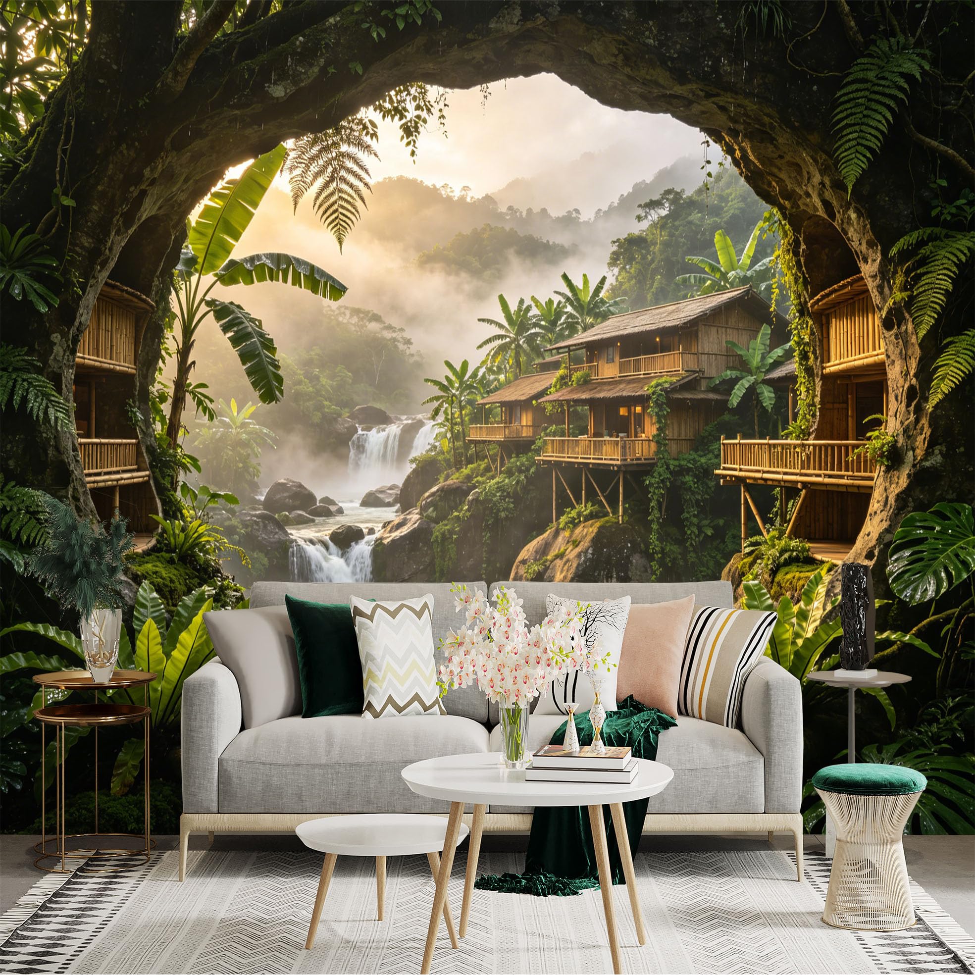 Custom Size Wall Sticker Mural， Tropical Rainforest Waterfall with Bamboo Houses and Lush Green Plants， for wall Decoration， peelandstick wall Decals.