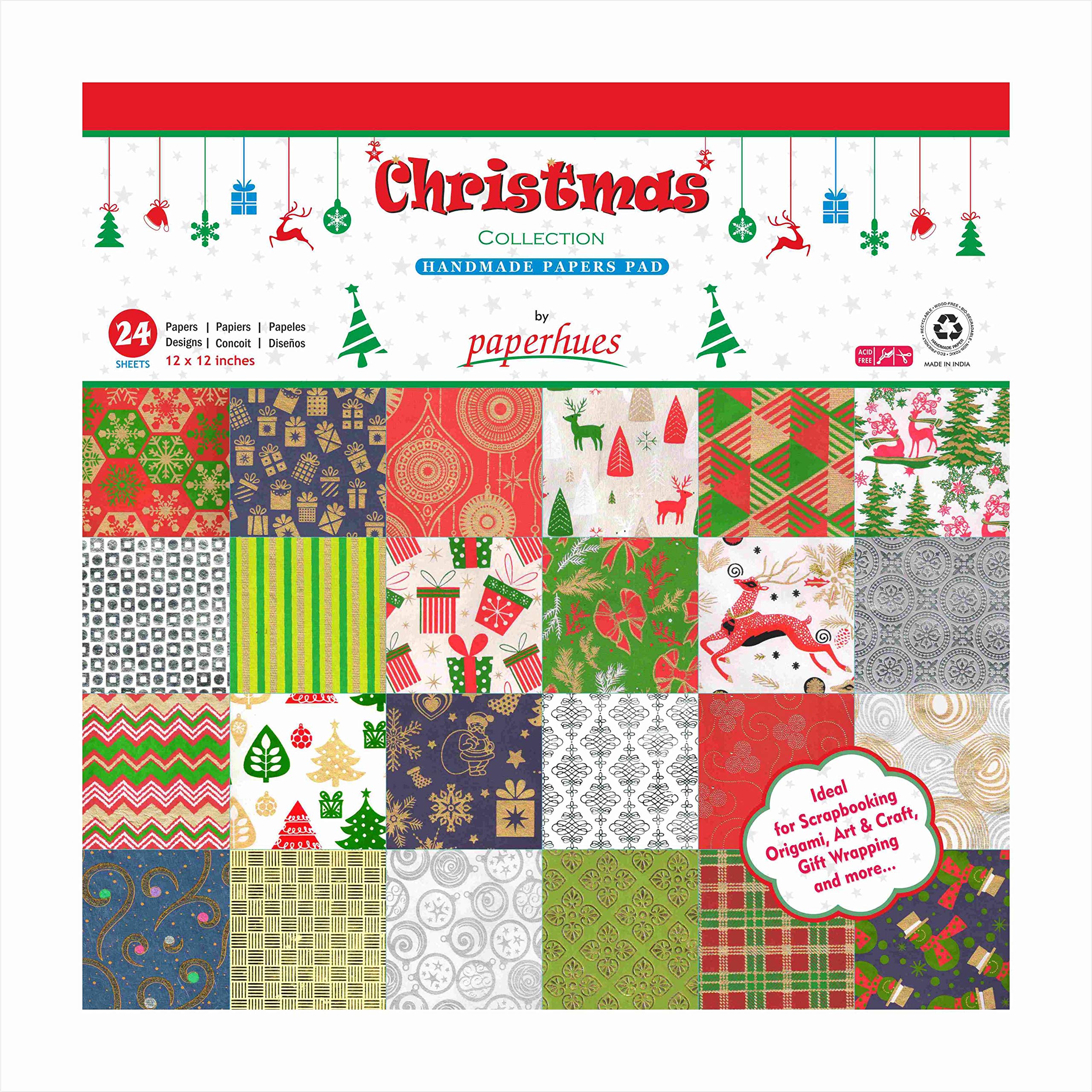Paperhues Christmas Collection Scrapbook Papers 12x12" Pad, 24 Sheets.